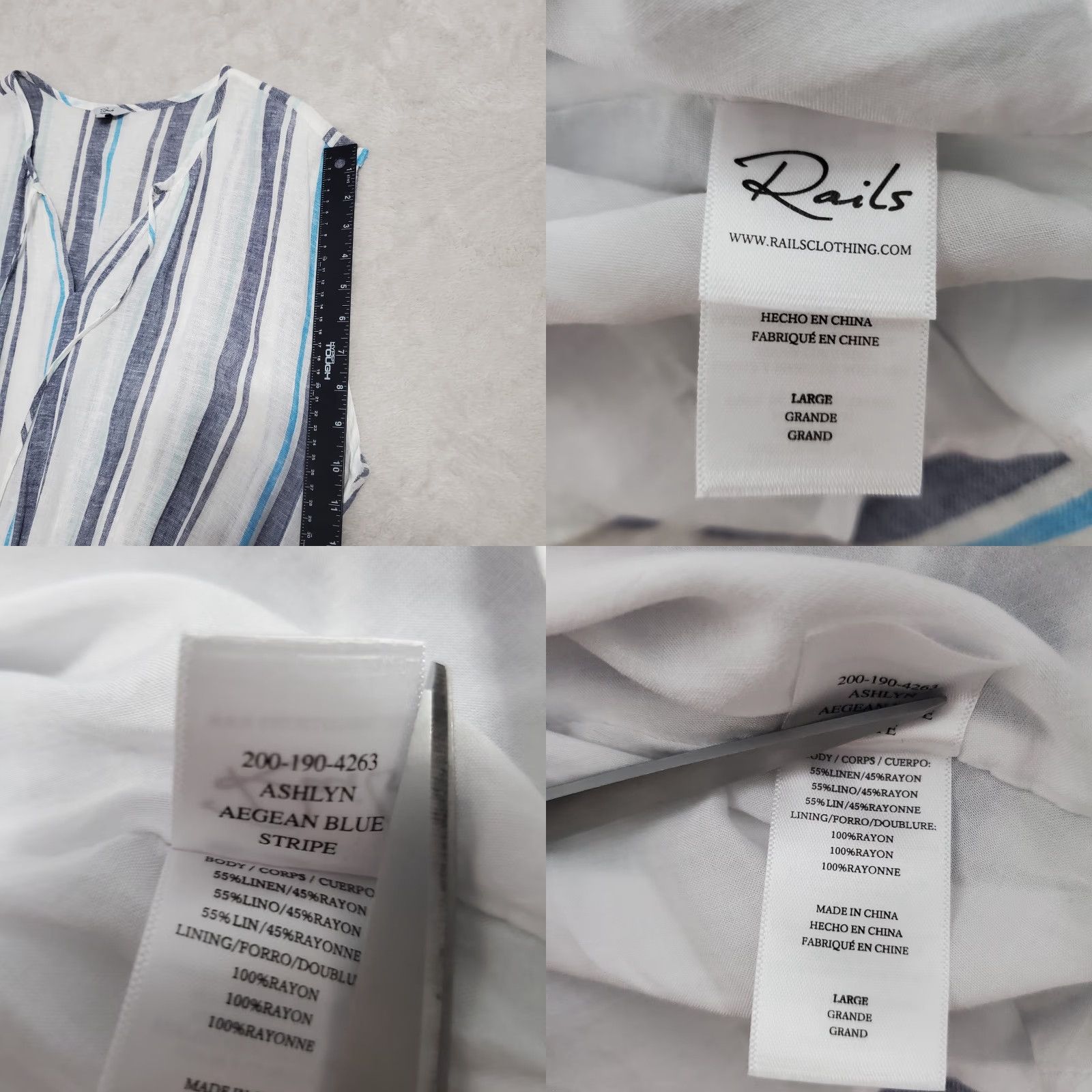 Rails Rails Dress Women L Midi Aegean Blue White Stripe Sleeveless Linen Blend V-Neck Smocked Waist Lined Casual Sundress 55% Linen 45% Rayon Size L / US 10 / IT 46 - 9 Thumbnail