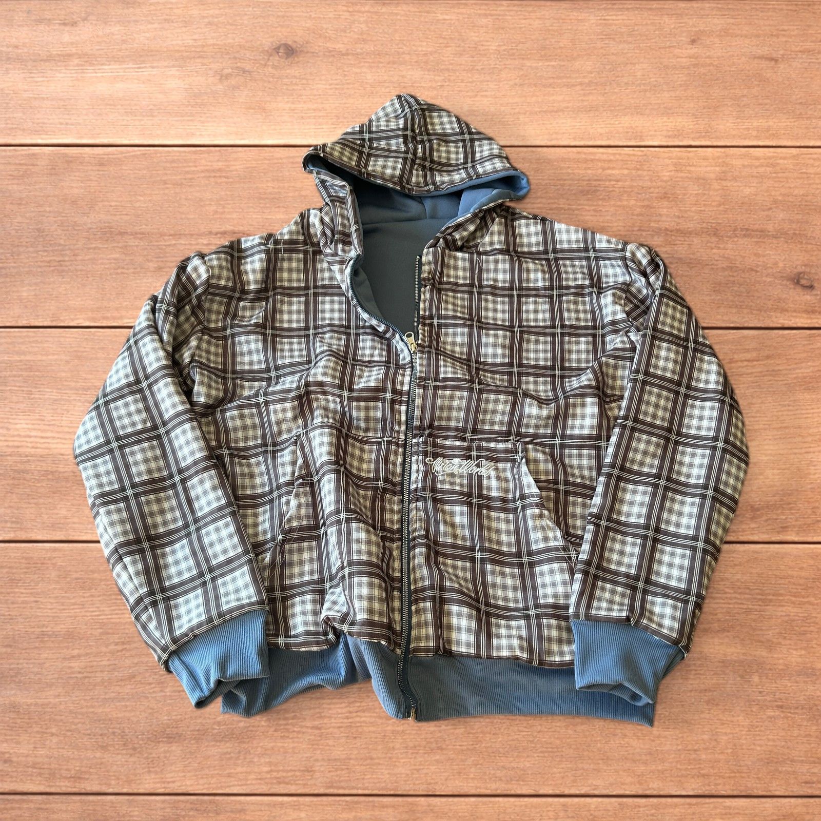 Japanese Brand Oversized baggy reversible zip up hoodie in checkered navy. Size US L / EU 52-54 / 3 - 2 Thumbnail