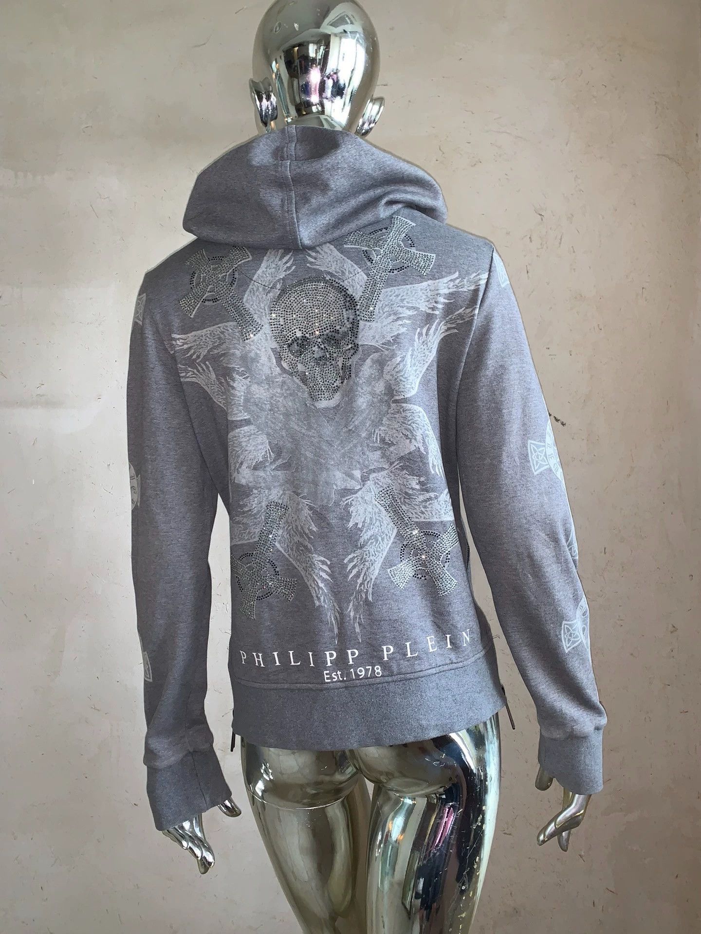 PP Men's Gray Limited Skull Sanskrit Zip Rivet Hooded Jkt