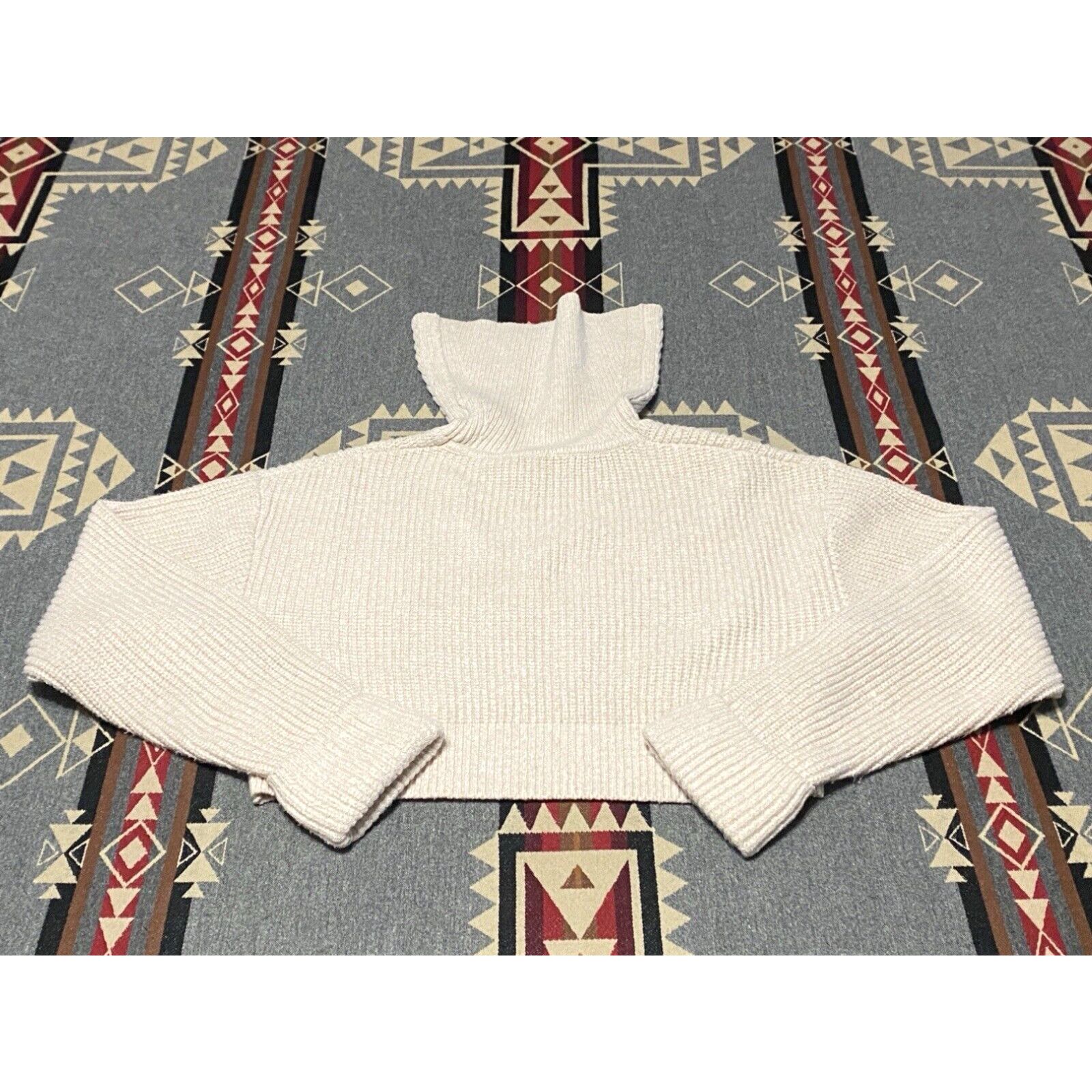 image of Ronny Kobo Knit Sweater Pullover Ivory Funnel Neck High Size L Womens Crop T72 in White