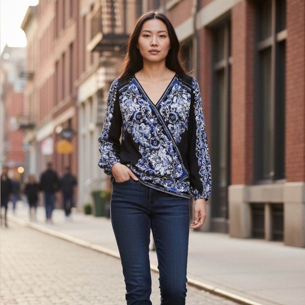 White House Black Market White House Black Market Wrap V-Neck Long Sleeve Floral Blo Size M / US 6-8 / IT 42-44 - 1 Thumbnail