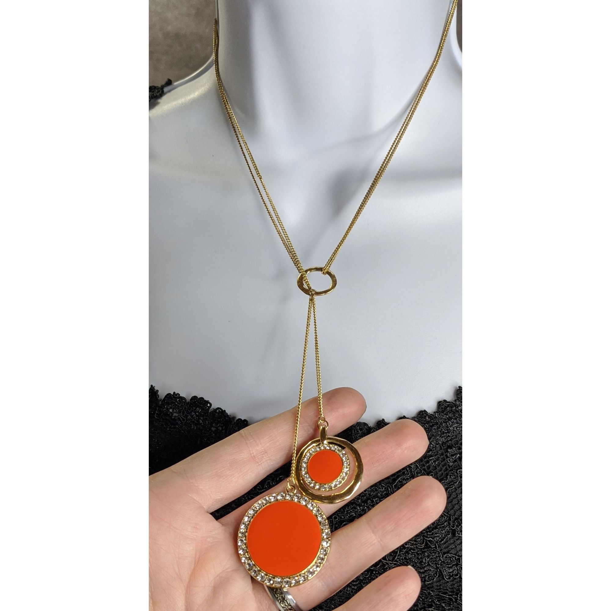 Other Retro Gold-Tone Pendant Necklace With Double Orange Enamel D Size ONE SIZE - 7 Thumbnail
