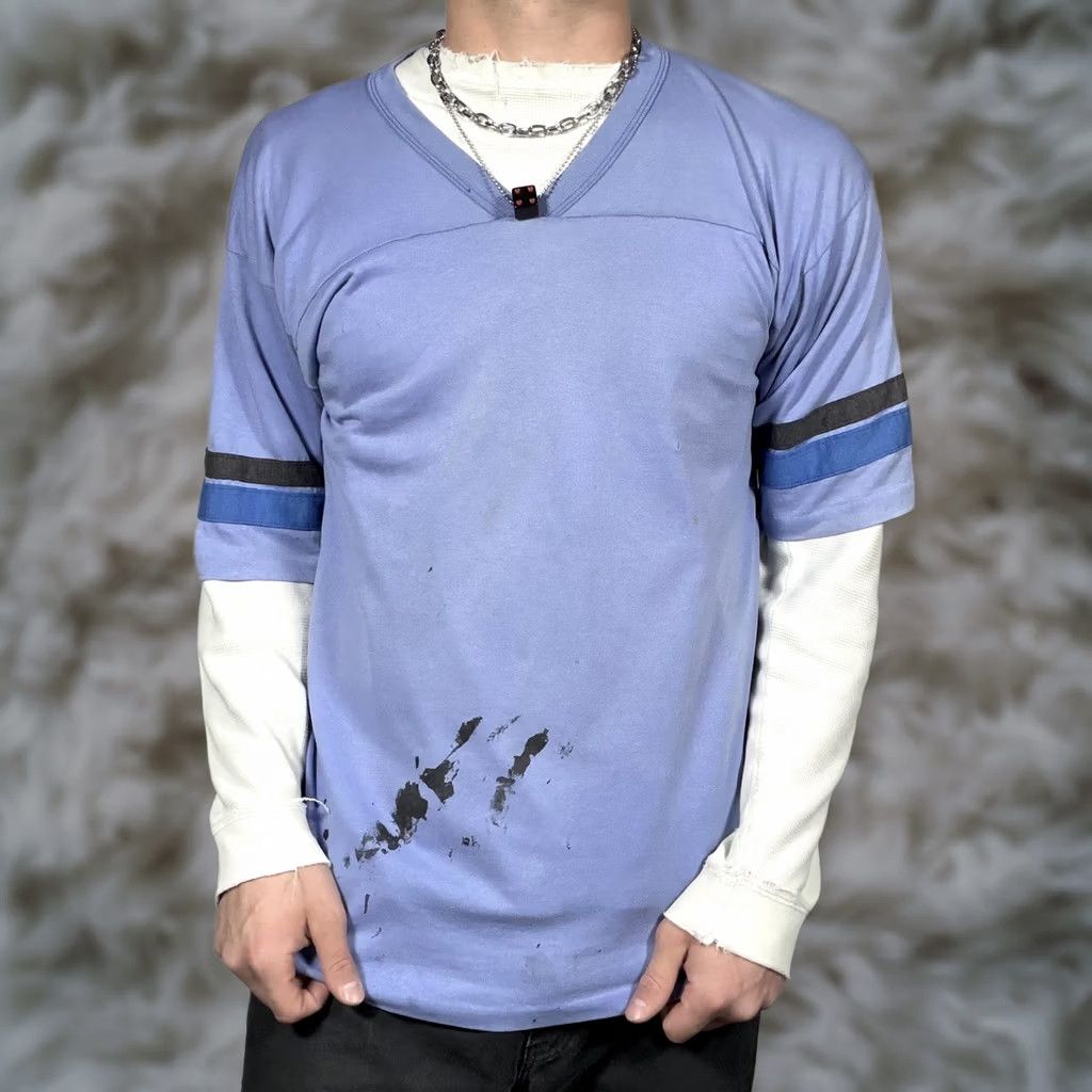 Vintage Vintage Locker Tops Shirt Large Blue Ringer Stripe V-Neck Jersey Athletic Tee Size US L / EU 52-54 / 3 - 1 Thumbnail