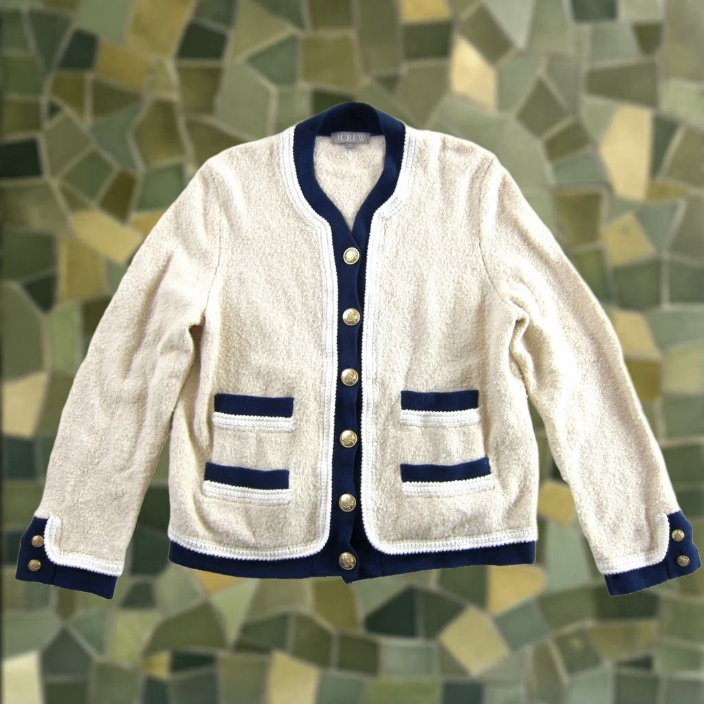 J.Crew J.CREW Blue Ivory Textured Boucle Cardigan Lady Sweater M Jacket Button Gold Button Cardigan Sweater M Ladies Ivory Boucle Knit Size M / US 6-8 / IT 42-44 - 1 Thumbnail
