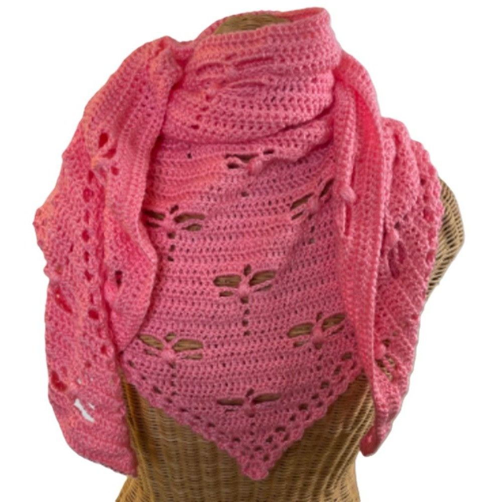 Handmade Crochet Shawl Cowl Wrap Dragonfly Cut Outs Pink 78" x 35" Ac Size ONE SIZE - 2 Thumbnail