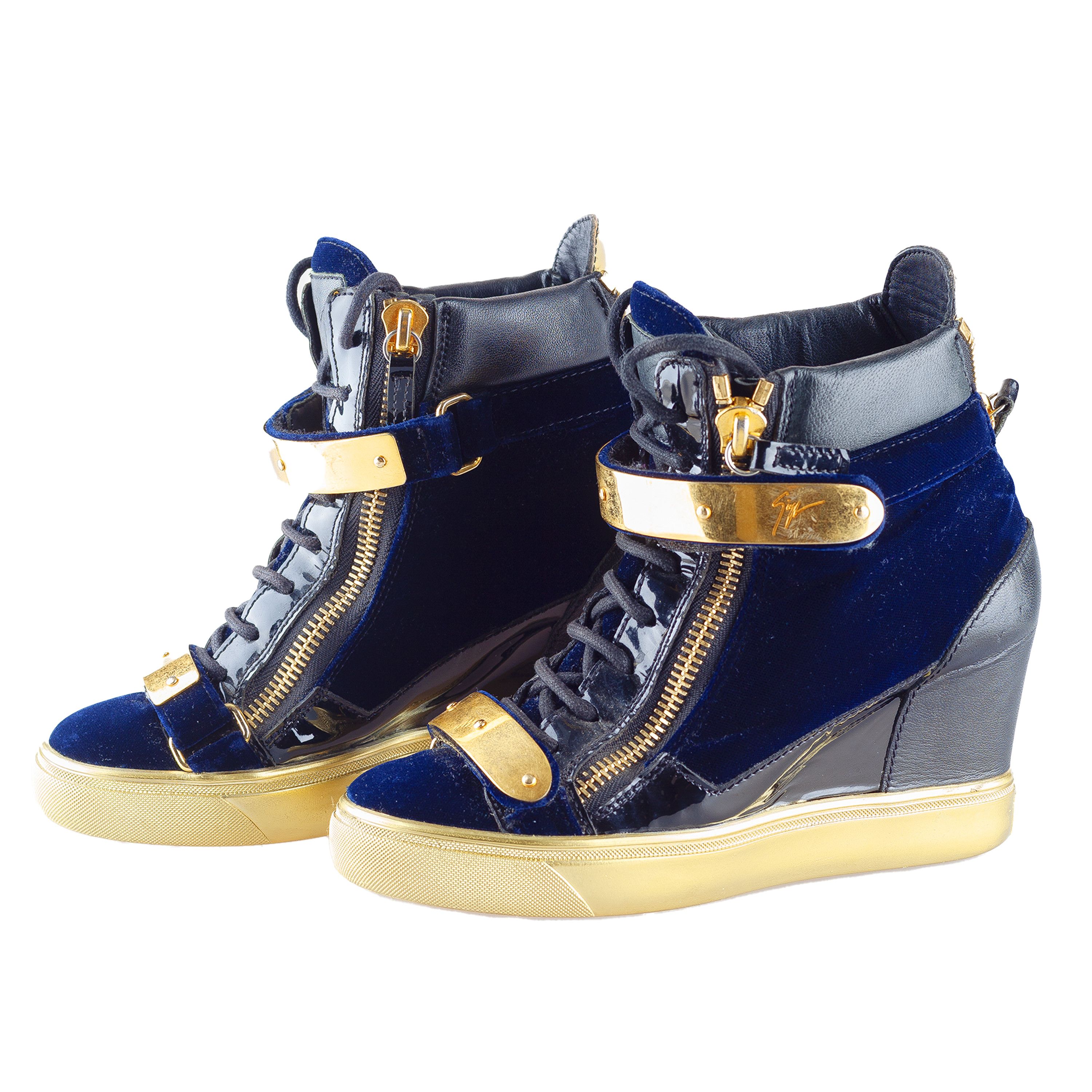 Giuseppe Zanotti Giuseppe Zanotti Navy Golden Velour Wedge Sneakers Size US 6.5 / IT 36.5 - 1 Thumbnail