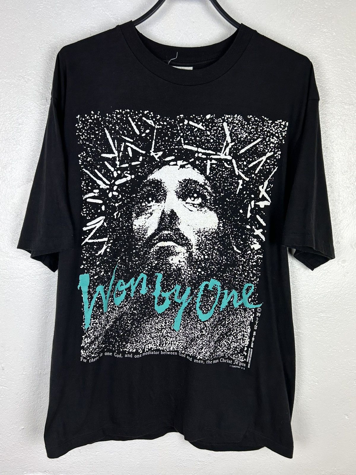 image of 80's Vintage 1989 Jesus Christ Won By One Single Stitch Tee in Black, Men's (Size Medium)