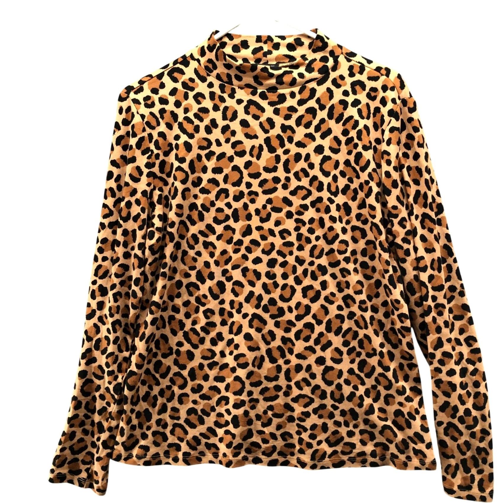 Ann Taylor Ann Taylor Mock Neck Long Sleeve T-Shirt Womens L Tan Leopard Print Cotton Size L / US 10 / IT 46 - 2 Thumbnail