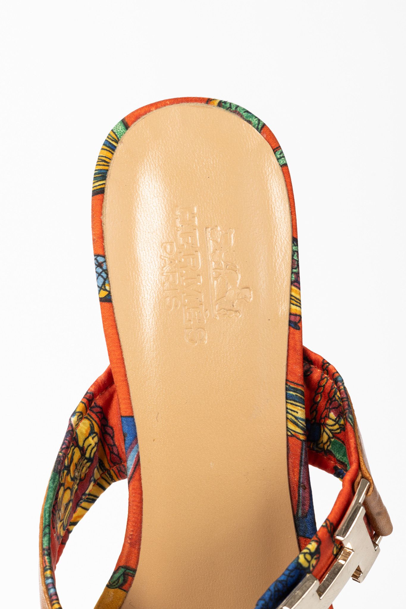 Hermes Hermes Brown Leather & Orange Printed-Silk Mule Sandals Size US 7.5 / IT 37.5 - 11 Thumbnail