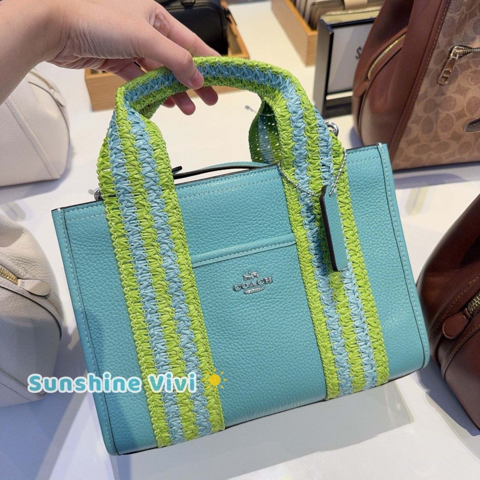 Coach NWT Coach Smith Tote Bag 24 CBG91 Straw Leather Turquoise Size ONE SIZE - 1 Thumbnail
