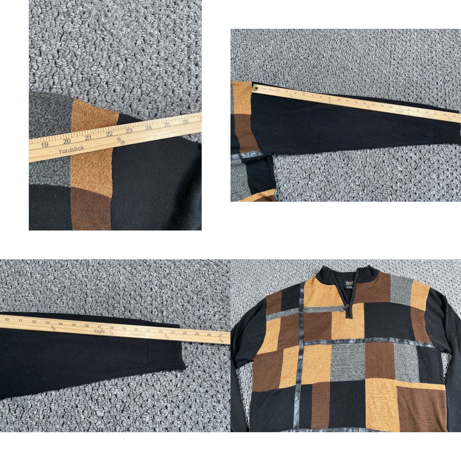 Vintage VINTAGE Trust Sweater Adult Large Brown Black Geometric Pattern Knit 1/4 Zip Faux Leather Trim Pullover 90s Mens Size US L / EU 52-54 / 3 - 8 Thumbnail