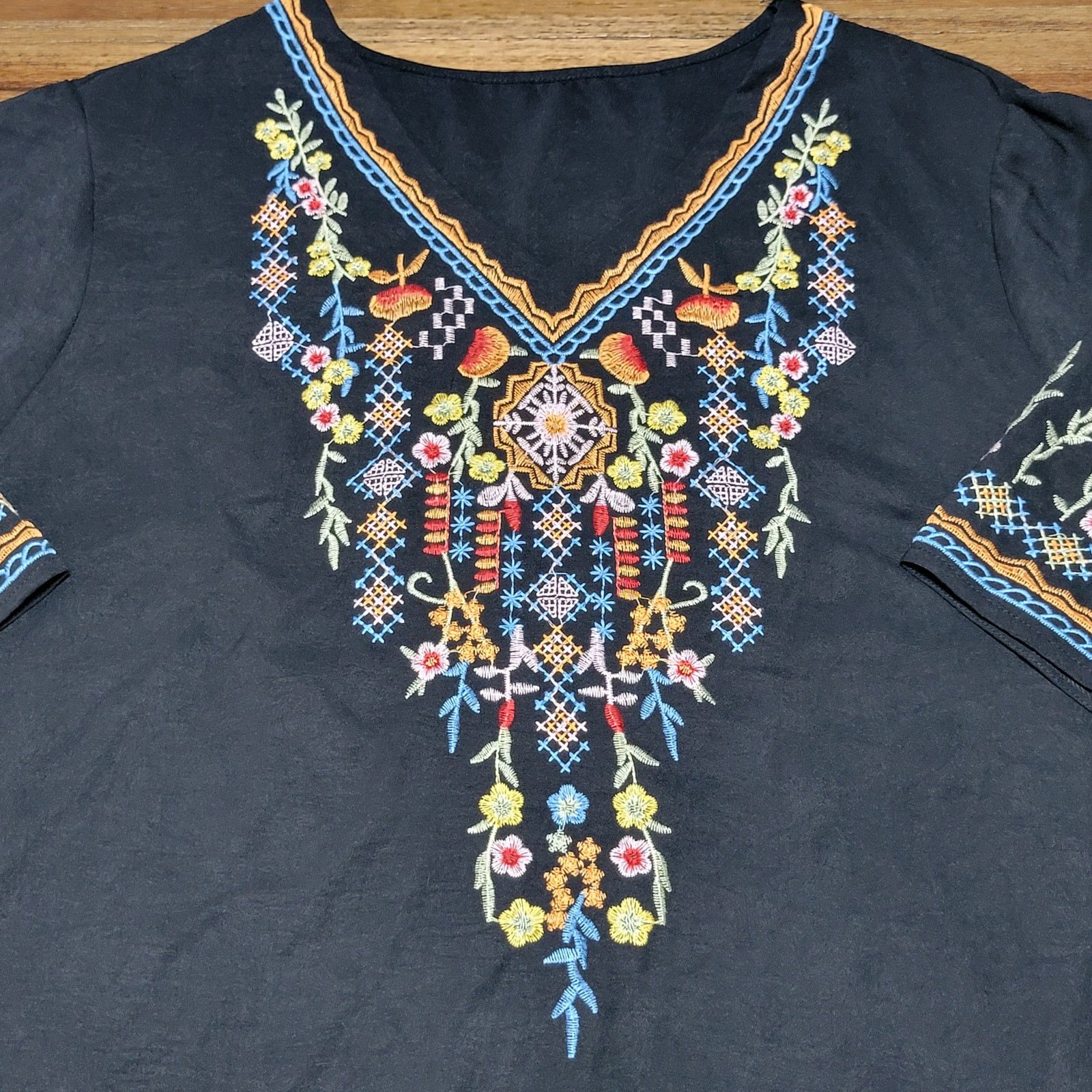 Other Black LS V-Neck Blouse w/ Embroidered Neck & Cuffs -Size 4XL Size 4XL / US 24-26 - 2 Thumbnail