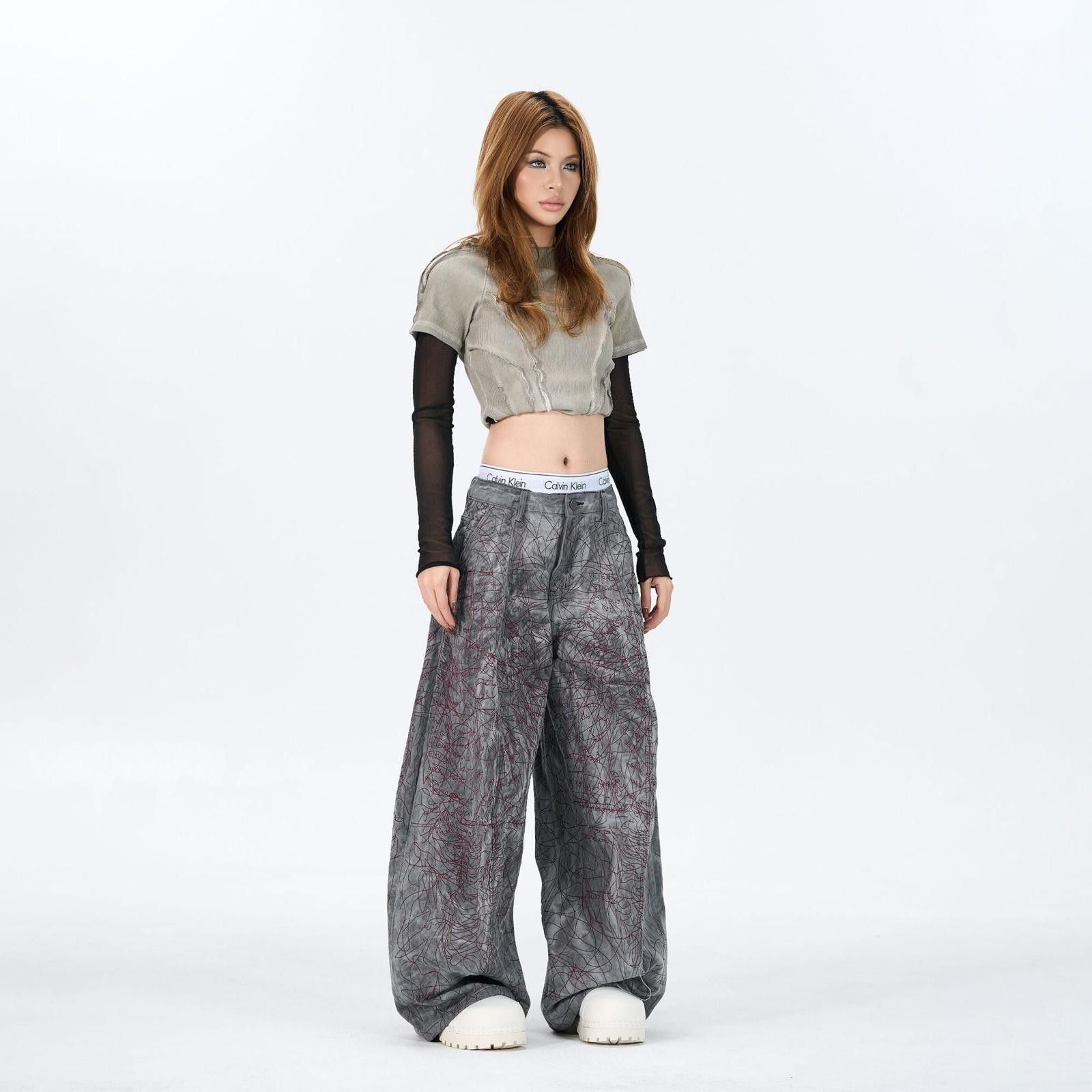 Vintage Gray Wide Leg Baggy Pants, Artistic Pattern Trousers Size 32" / US 10 / IT 46 - 3 Thumbnail