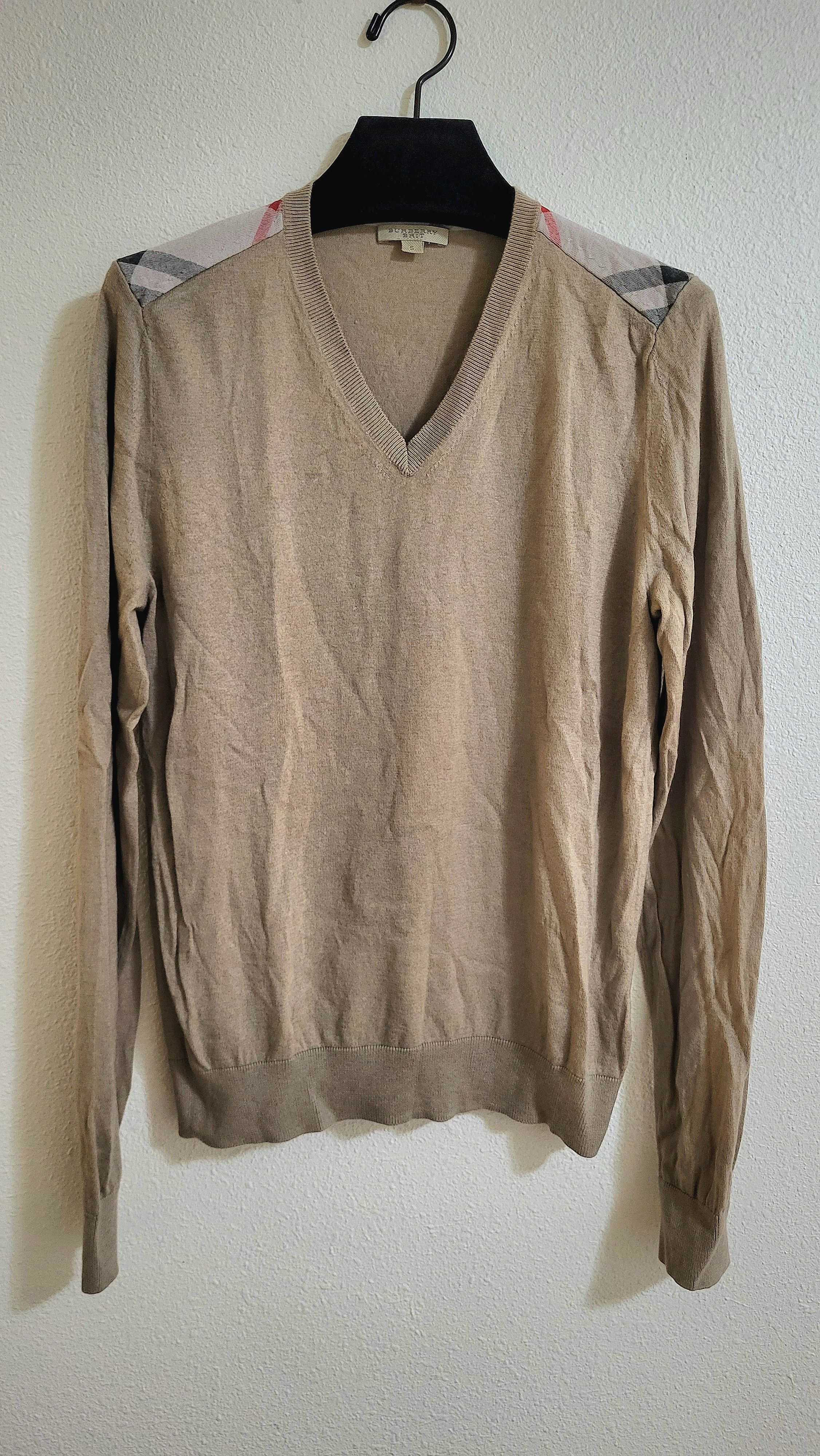 image of Burberry Tan Camel Cashmere Plaid V-Neck Sweater, Men's (Size Small)