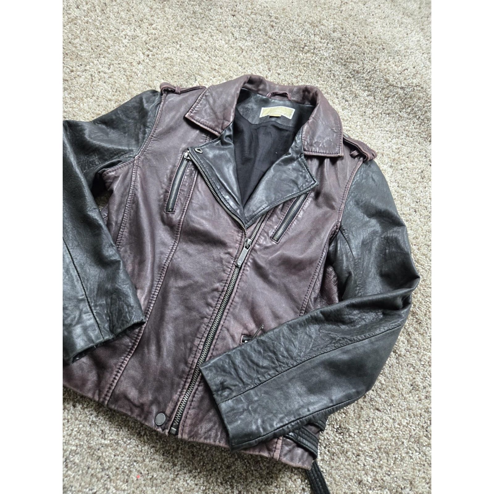 Michael Kors Michael Kors Leather Moto Jacket Womens S Burgundy Black Biker Zip Short Collared Lined Pockets Zipper Size S / US 4 / IT 40 - 2 Thumbnail