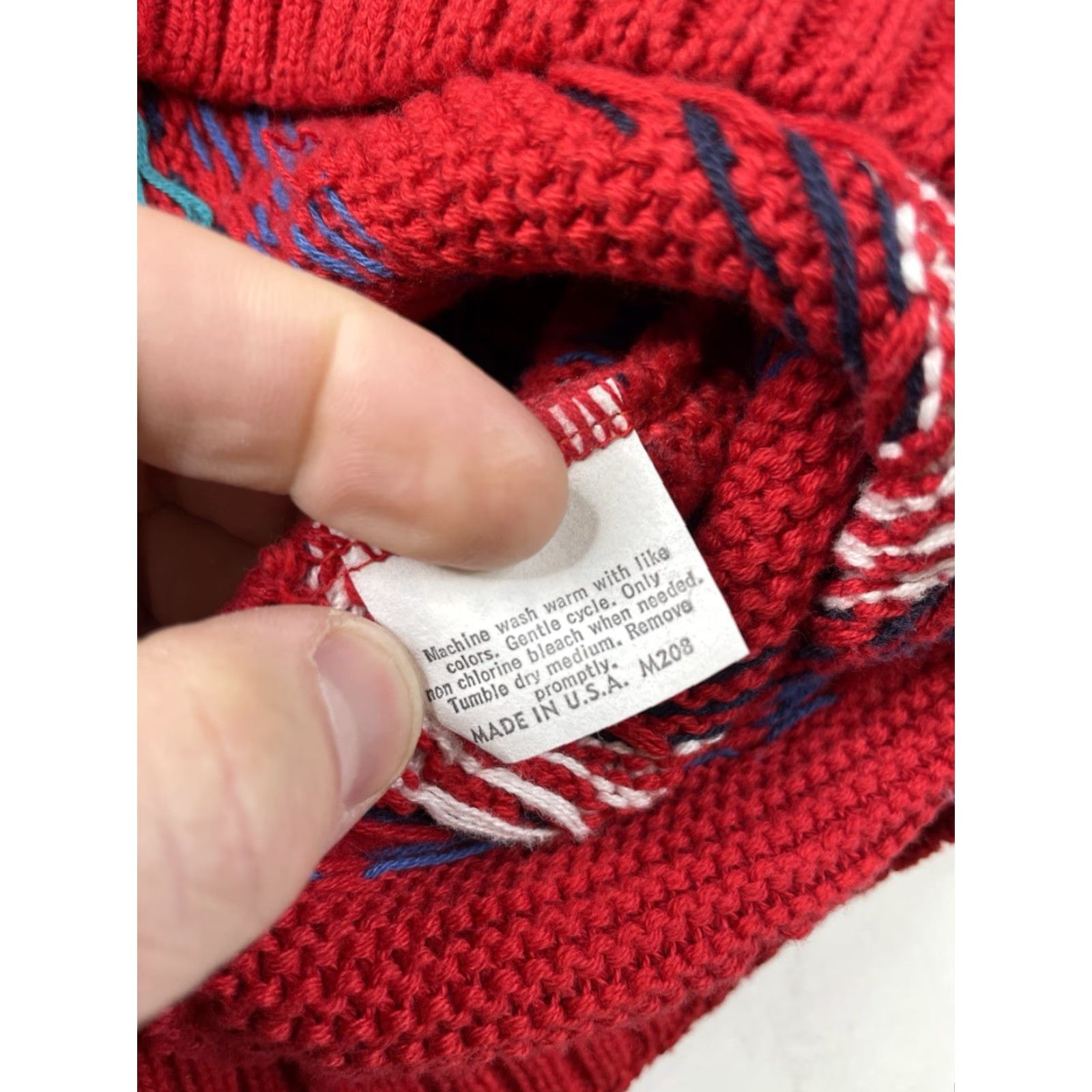 CO VINTAGE Portland Sweater Co Mens Large Sweater USA Made Textured Knit Grandpa Pullover Long Sleeve Red Geometric 90s Bohemian Classic USA Men Size US L / EU 52-54 / 3 - 7 Thumbnail