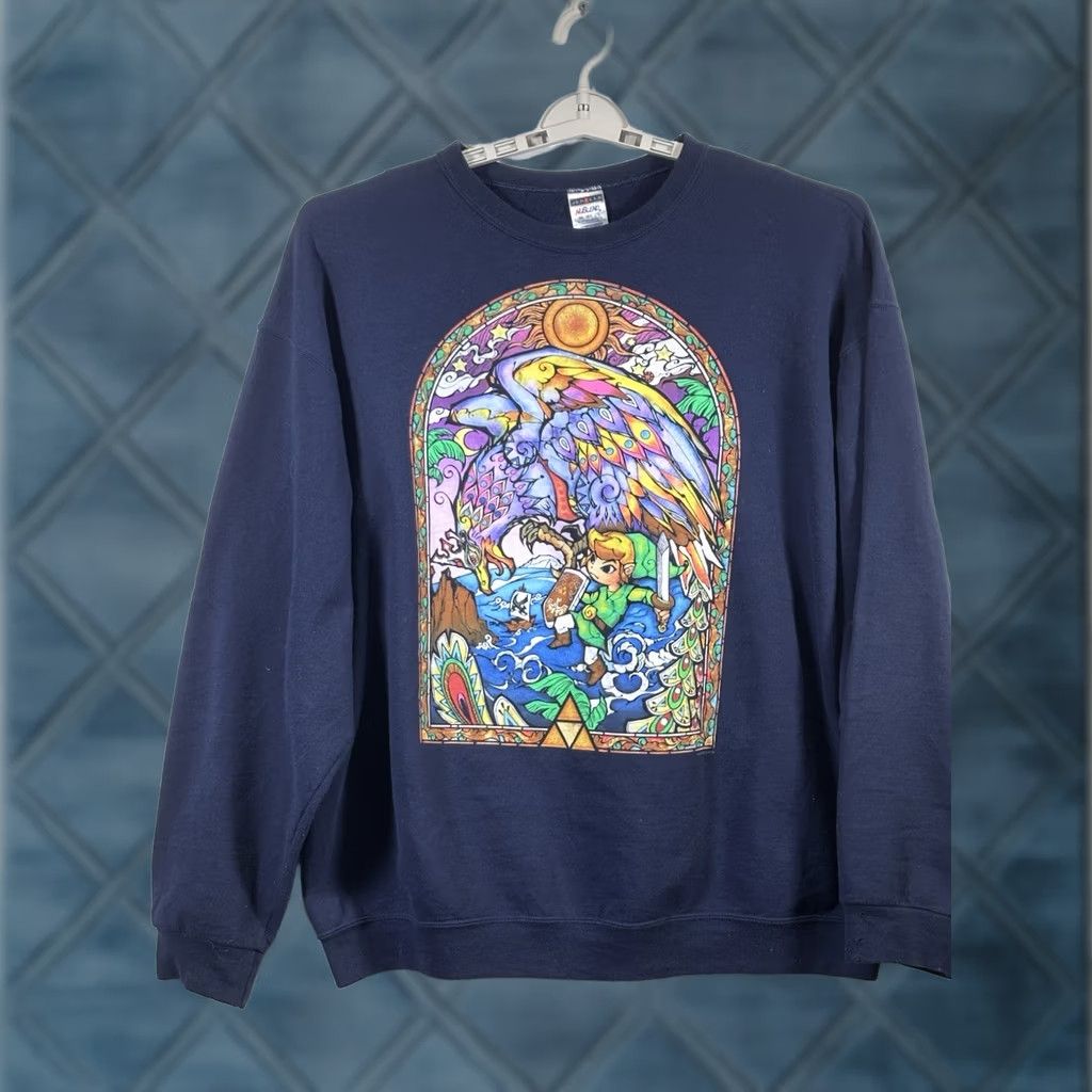 Jerzees Legend Of Zelda Wind Waker Men's 2XL Size Sweatshirt Graphic Print Blue Crew Neck Pullover Fleece Cotton Blend Jerzees Size US XXL / EU 58 / 5 - 1 Thumbnail