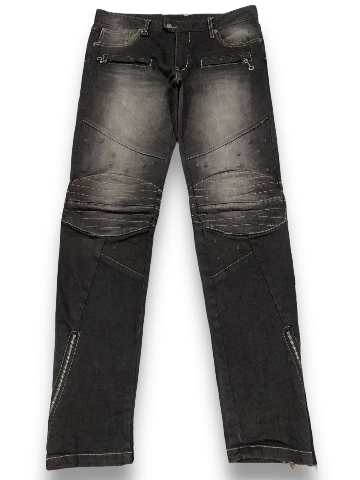 Image of If Six Was Nine x Ppfm Ripped Double Knee Bondage Punk Biker Jeans / Balmain in Black (Size 33)