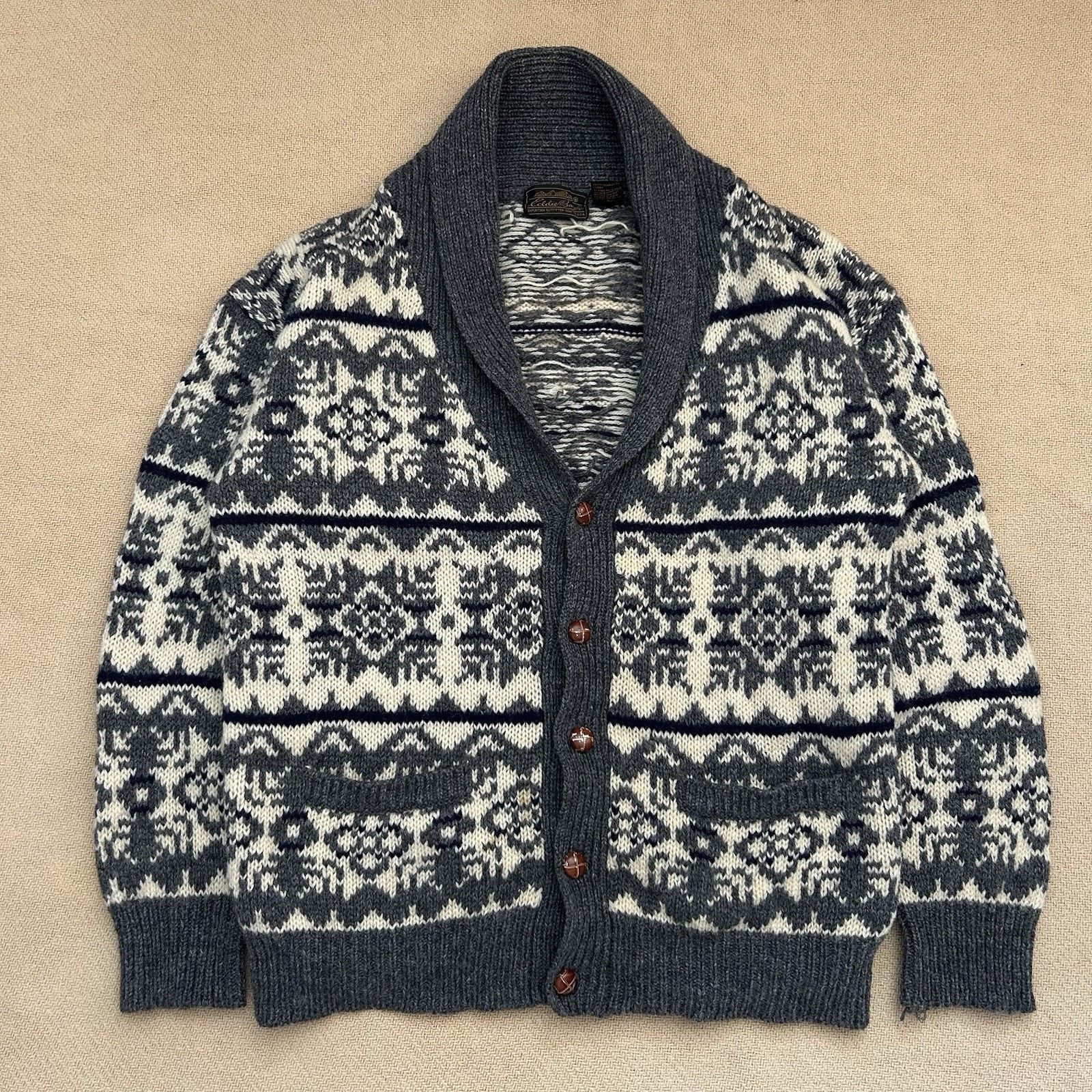 Eddie Bauer × Vintage 90s Shetland Wool Fair Isle Snowflake Cardigan Sweater Large Size US L / EU 52-54 / 3 - 1 Thumbnail