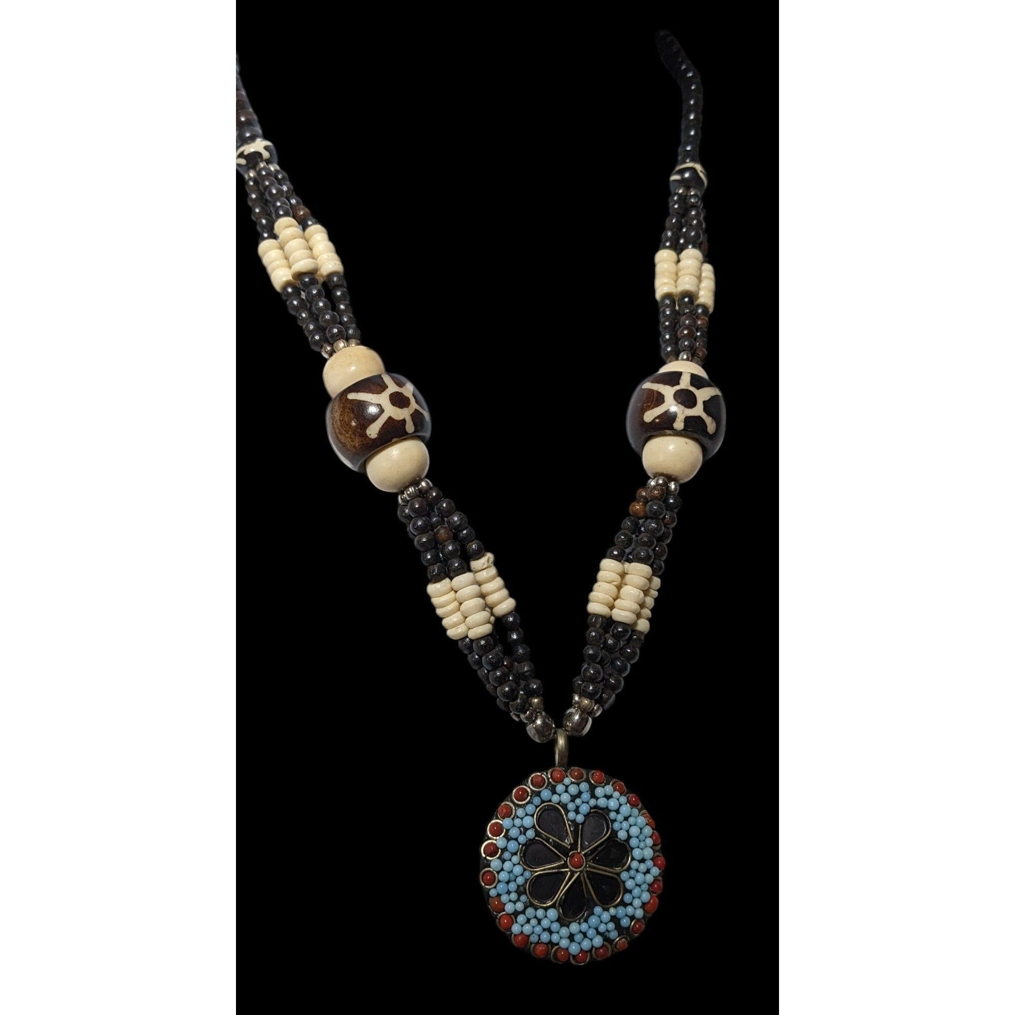 Other Vintage Handmade Beaded Ethnic Wood Metal And Glass Medallio Size ONE SIZE - 5 Thumbnail