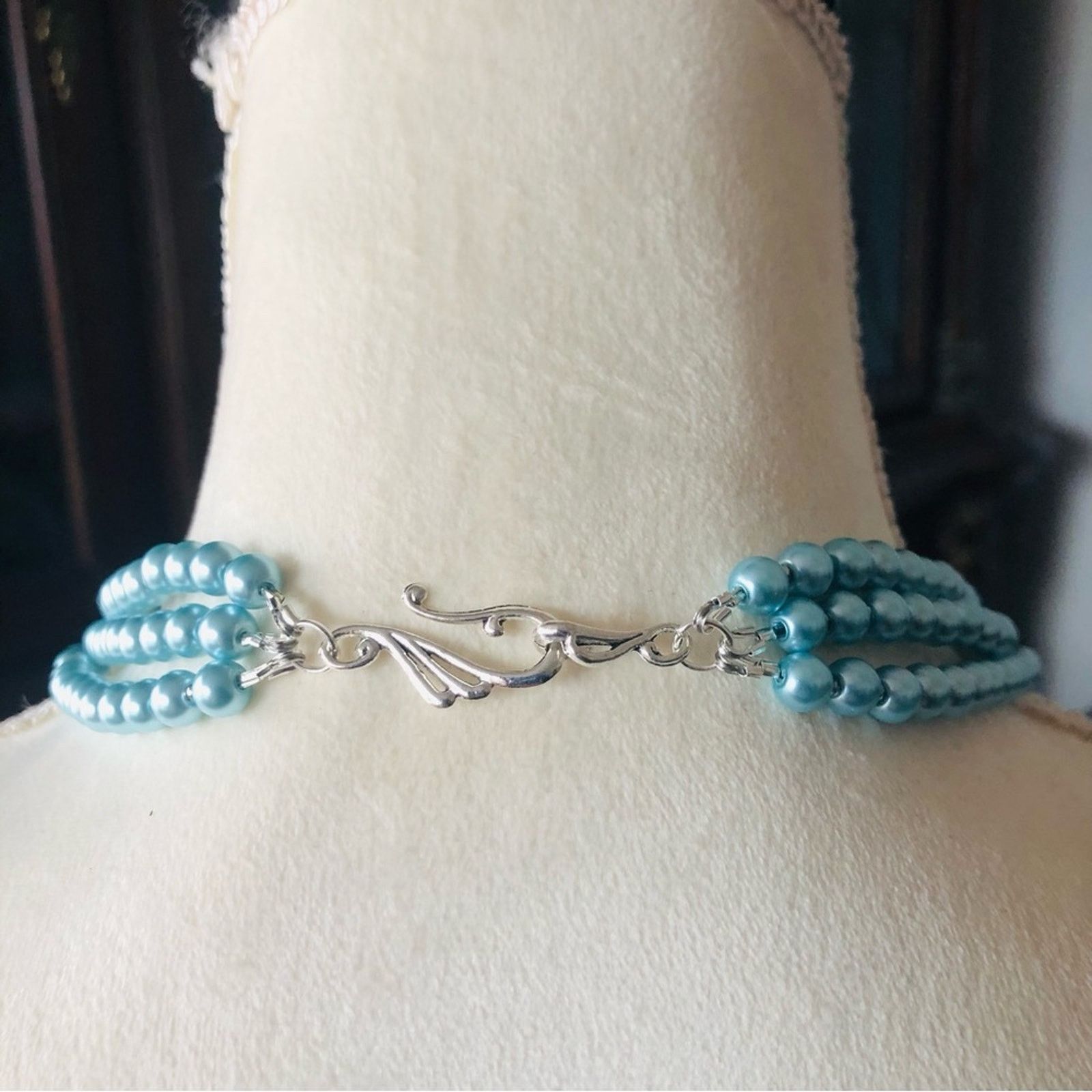 Handmade Handcrafted repurpose blue crystal Pearl necklace Size ONE SIZE - 7 Thumbnail