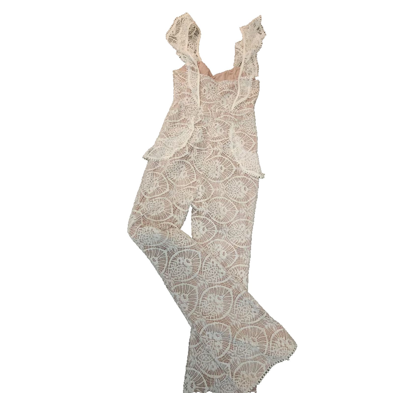 Other ALPHA & OMEGA - CREAM IVORY ALL LACE FLARE LEG JUMPSUIT SZ M Size 28" / US 6 / IT 42 - 5 Thumbnail
