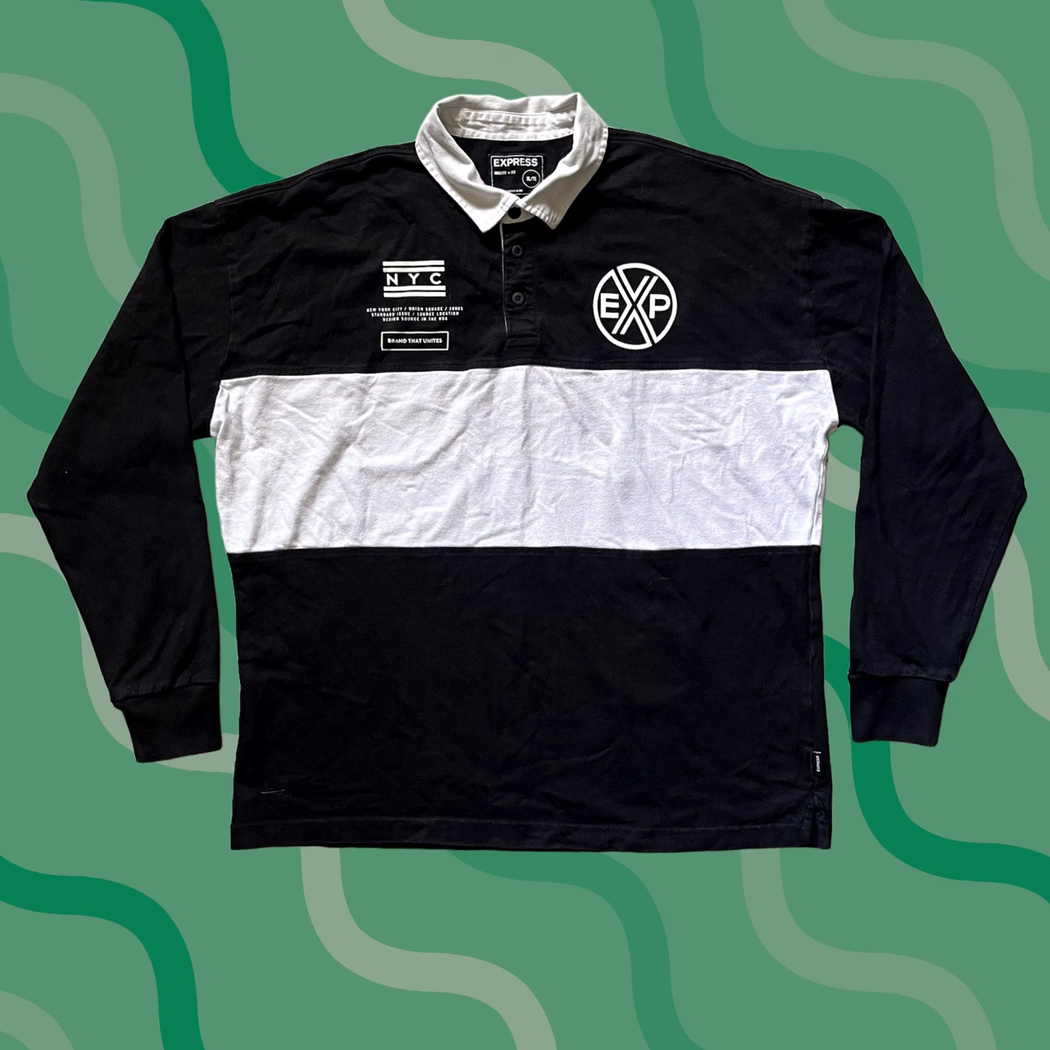 Express VINTAGE Express Polo Shirt XL Black White Mens Embroidered Cotton Sailor Rugby Size US XL / EU 56 / 4 - 1 Thumbnail