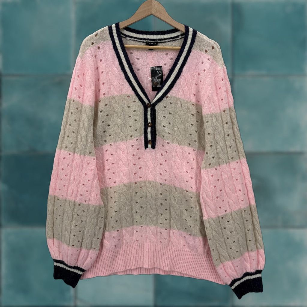 Torrid VINTAGE Torrid Sweater Womens 3X Pink Henley V-Neck Cable Knit Striped Balloon Sleeve Size XXL / US 16-18 / IT 52-54 - 1 Thumbnail