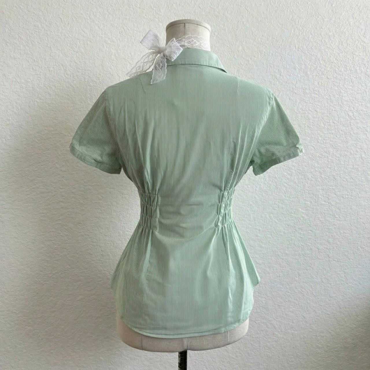 Vintage Montego green pinstripe button-up blouse, slim, fitted, y2k Size L / US 10 / IT 46 - 3 Thumbnail