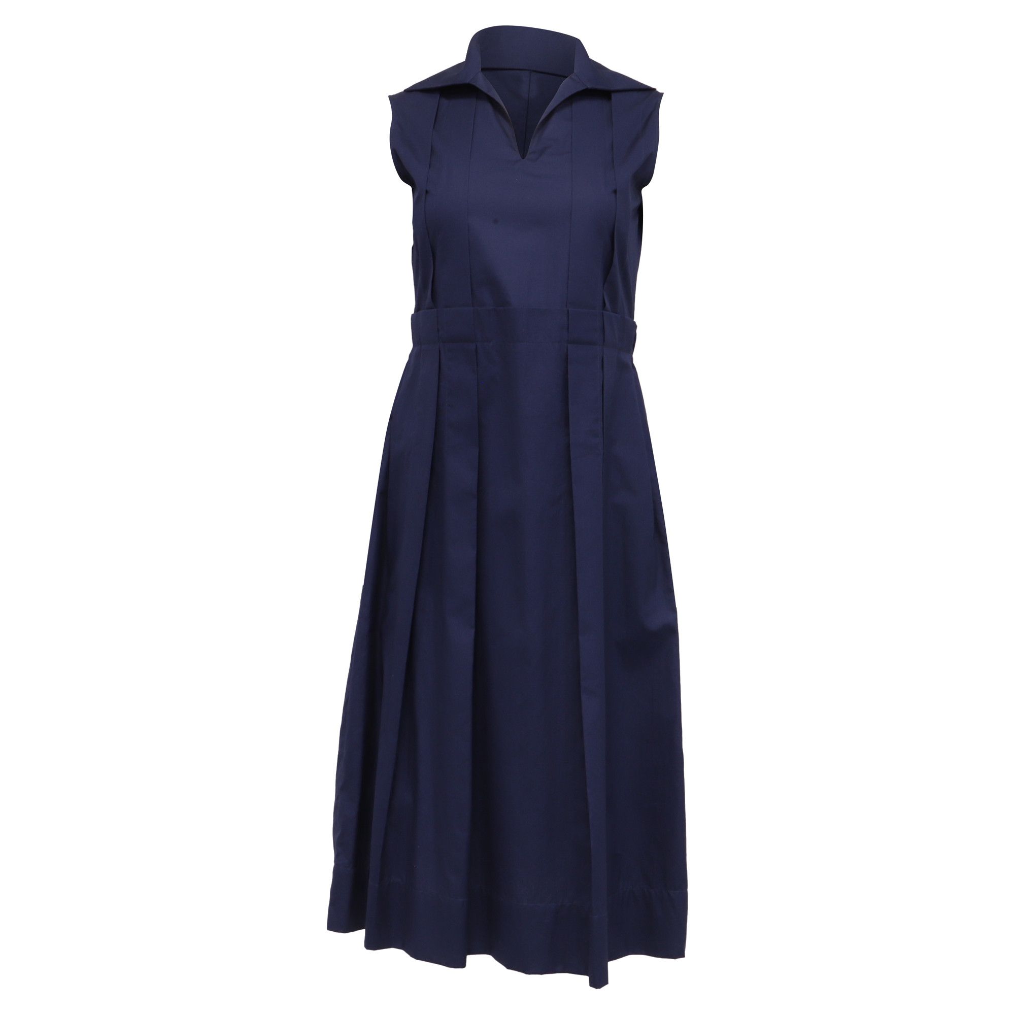 Marni Marni Open-Collar Pleated Midi Dress in Navy Blue Cotton Size XS / US 0-2 / IT 36-38 - 1 Thumbnail