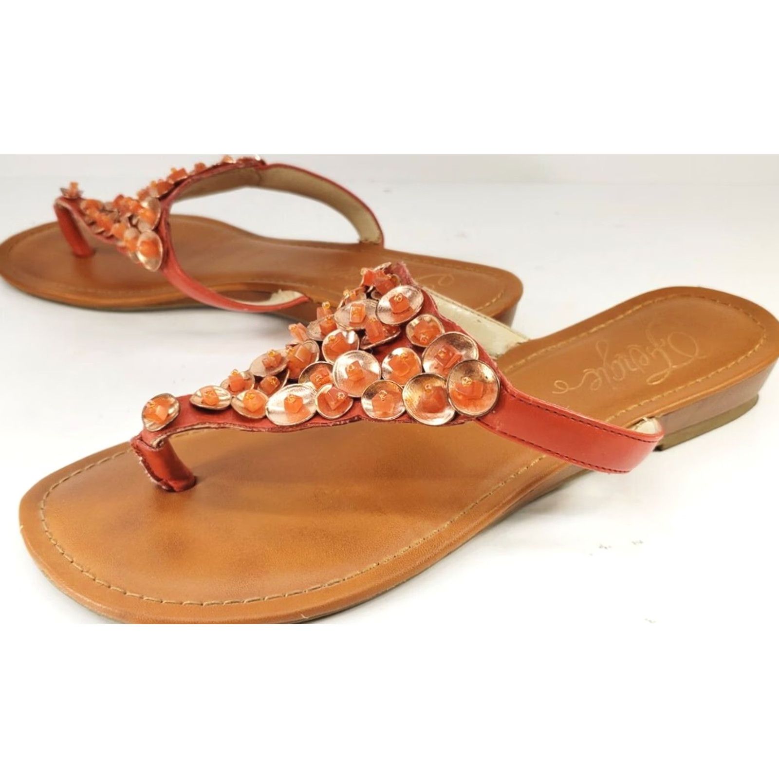 Vintage Fergie Tarca Women’s Thong Flat Sandals Size 7.5M Orange with Shell Bead Bling! Size US 6 / IT 36 - 2 Thumbnail