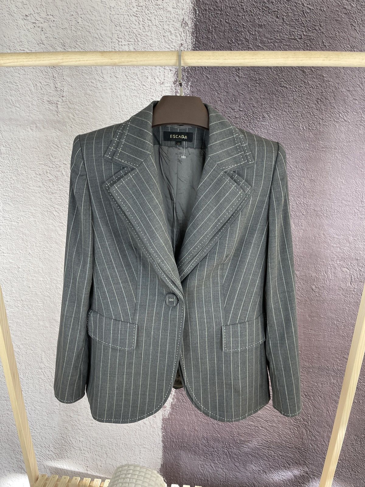 Escada Escada grey striped wool mohair double blazer Size XL / US 12-14 / IT 48-50 - 1 Thumbnail