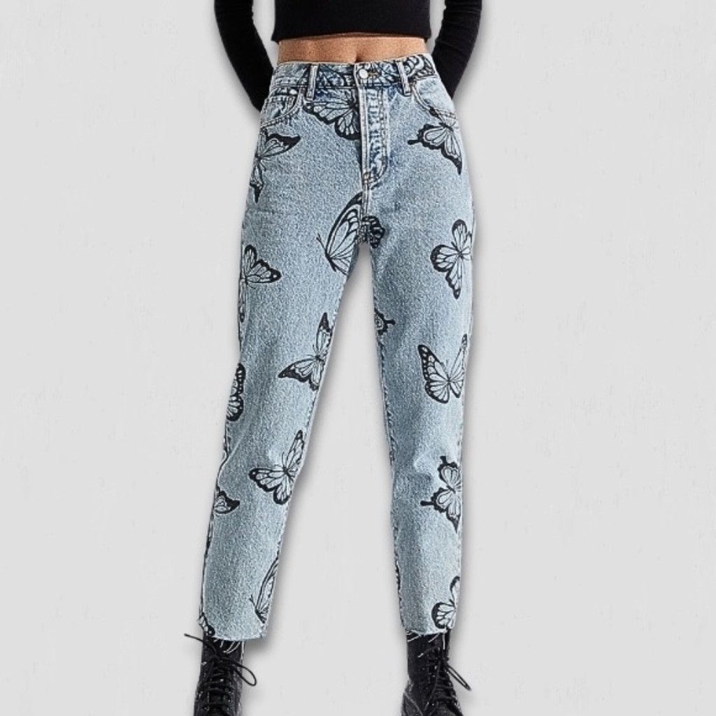Pacsun Butterfly Jeans High Waisted Straight Leg Raw Hem Blue 26 Size 26" / US 2 / IT 38 - 1 Thumbnail