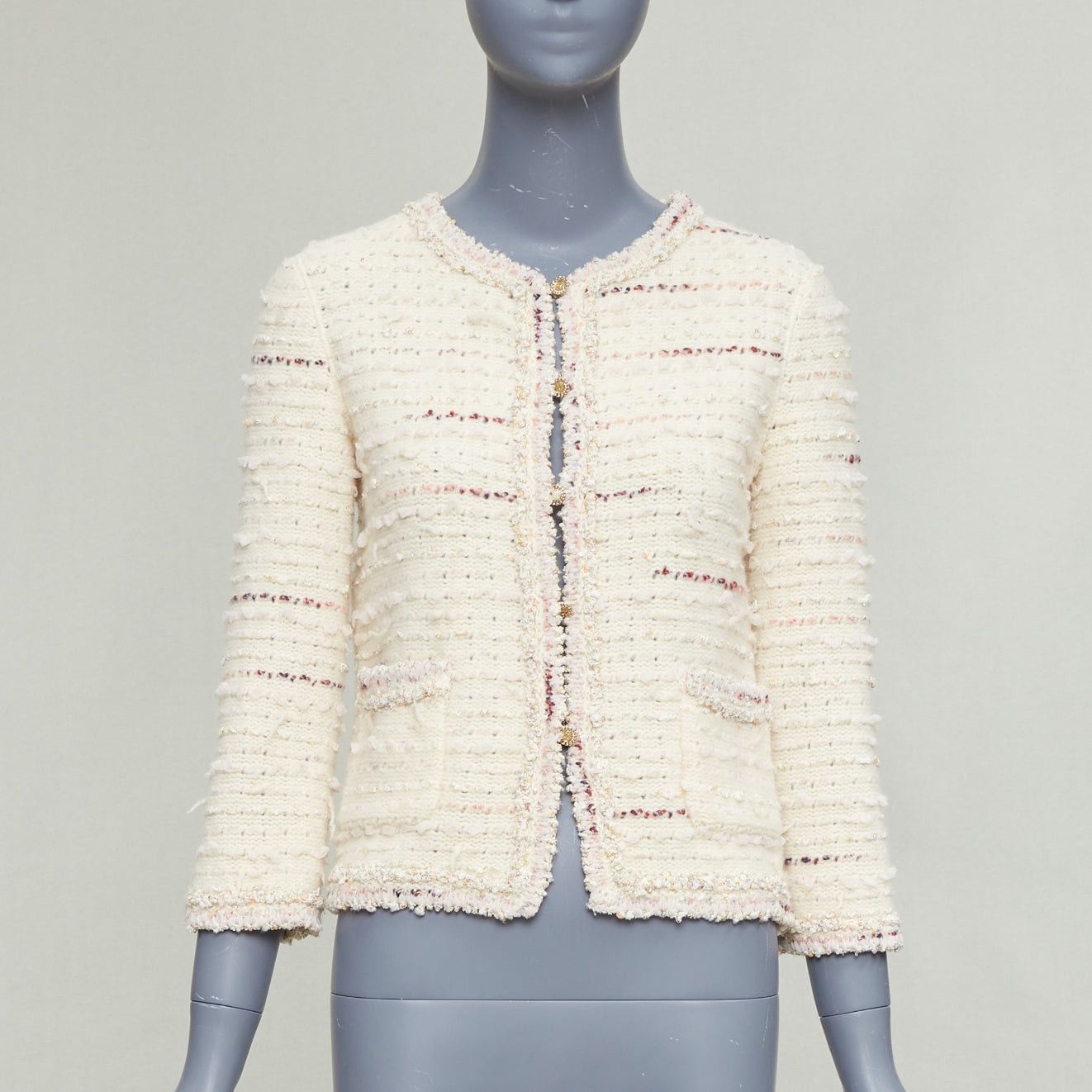 Chanel CHANEL 05A cream pink wool boucle tweed gold CC buttons cardigan FR38 M Size M / US 6-8 / IT 42-44 - 1 Thumbnail