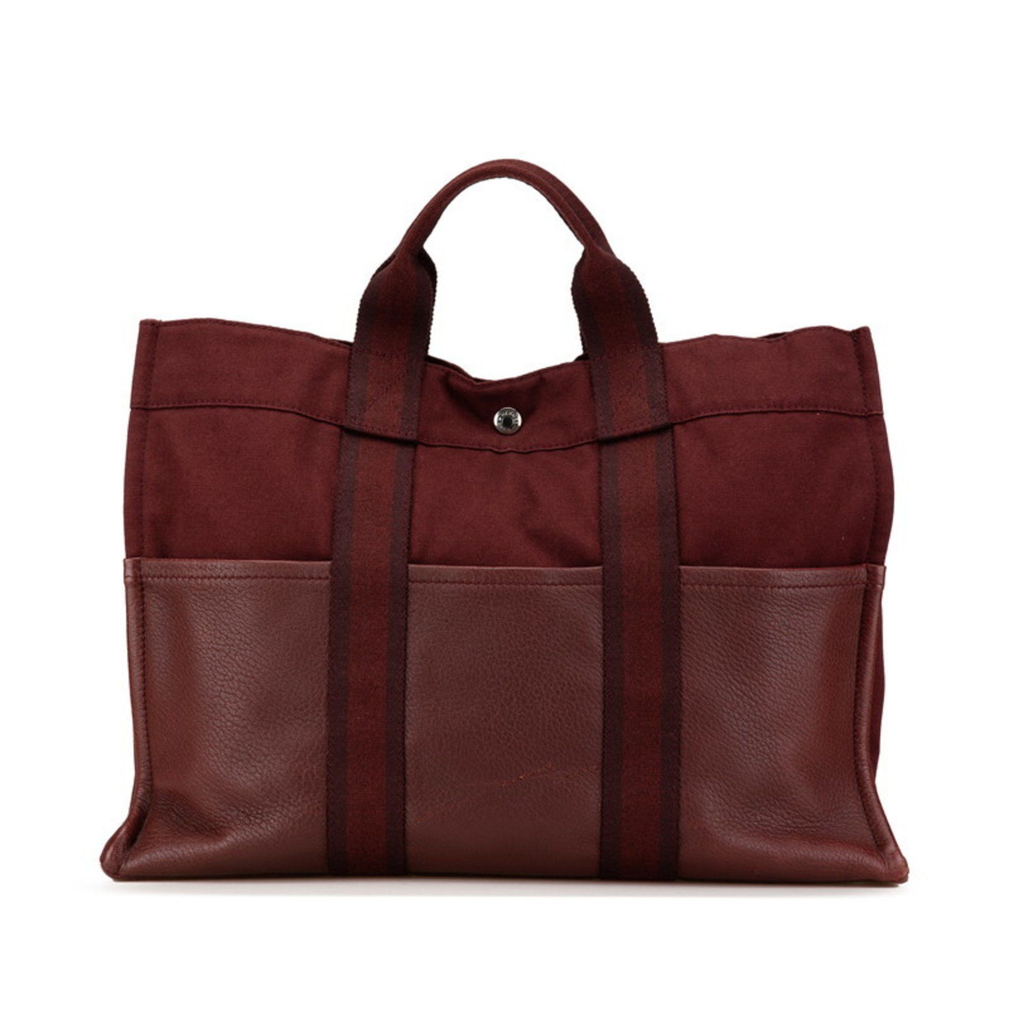 Hermes Foult Tote Mm Bag Wine Red Canvas Leather Women's Hermes