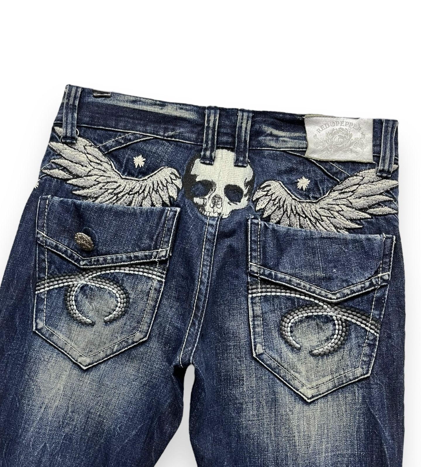 Le Grande Bleu (L.G.B.) × Seditionaries FYE💀🪽WINGED SKULL EMBROIDERY🔥VINTAGE TATTOO JEANS FLARE🔥 Size US 31 - 1 Thumbnail