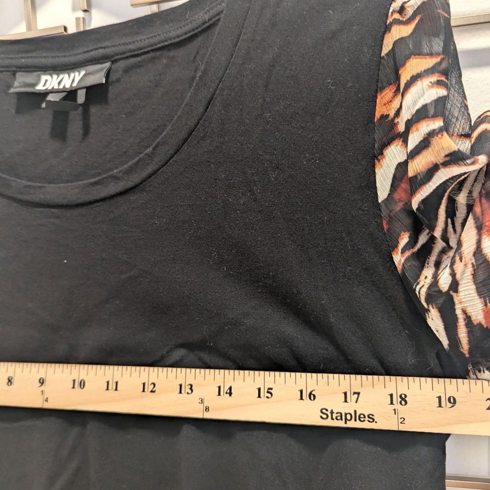 DKNY DKNY Black Mixed Media Tiger Print Sheer Short Puff Sleeve Top Women's Size L Size L / US 10 / IT 46 - 7 Thumbnail