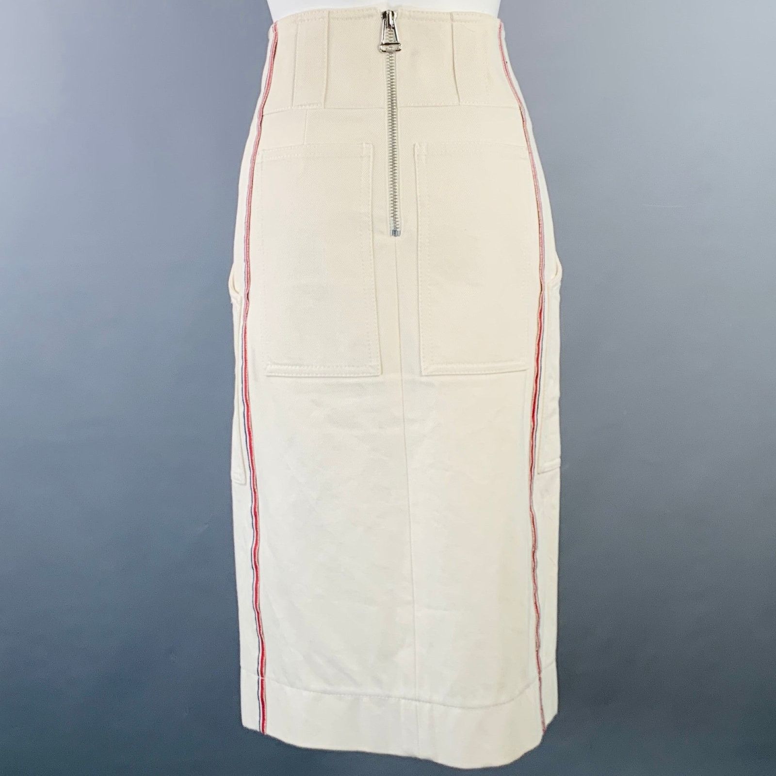 Burberry BURBERRY Cream Red Blue Cotton Twill Stripe Midi Skirt Size 25" / US 0 / IT 36 - 2 Thumbnail