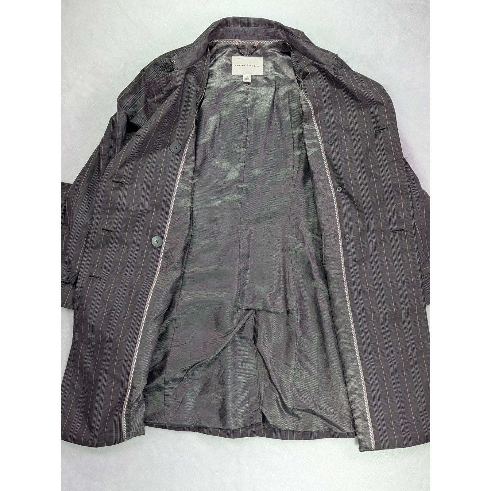 Banana Republic Trench Coat S Petite Gray Plaid Check Double Breasted Belted Size S / US 4 / IT 40 - 10 Thumbnail