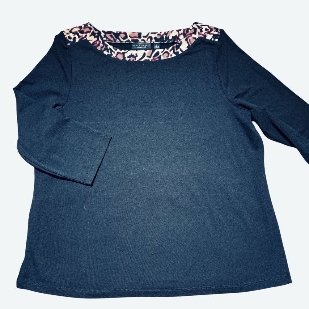 Other Susan Graver Weekend Black Animal Print Trim 3/4 Sleeve Top Size L / US 10 / IT 46 - 5 Thumbnail