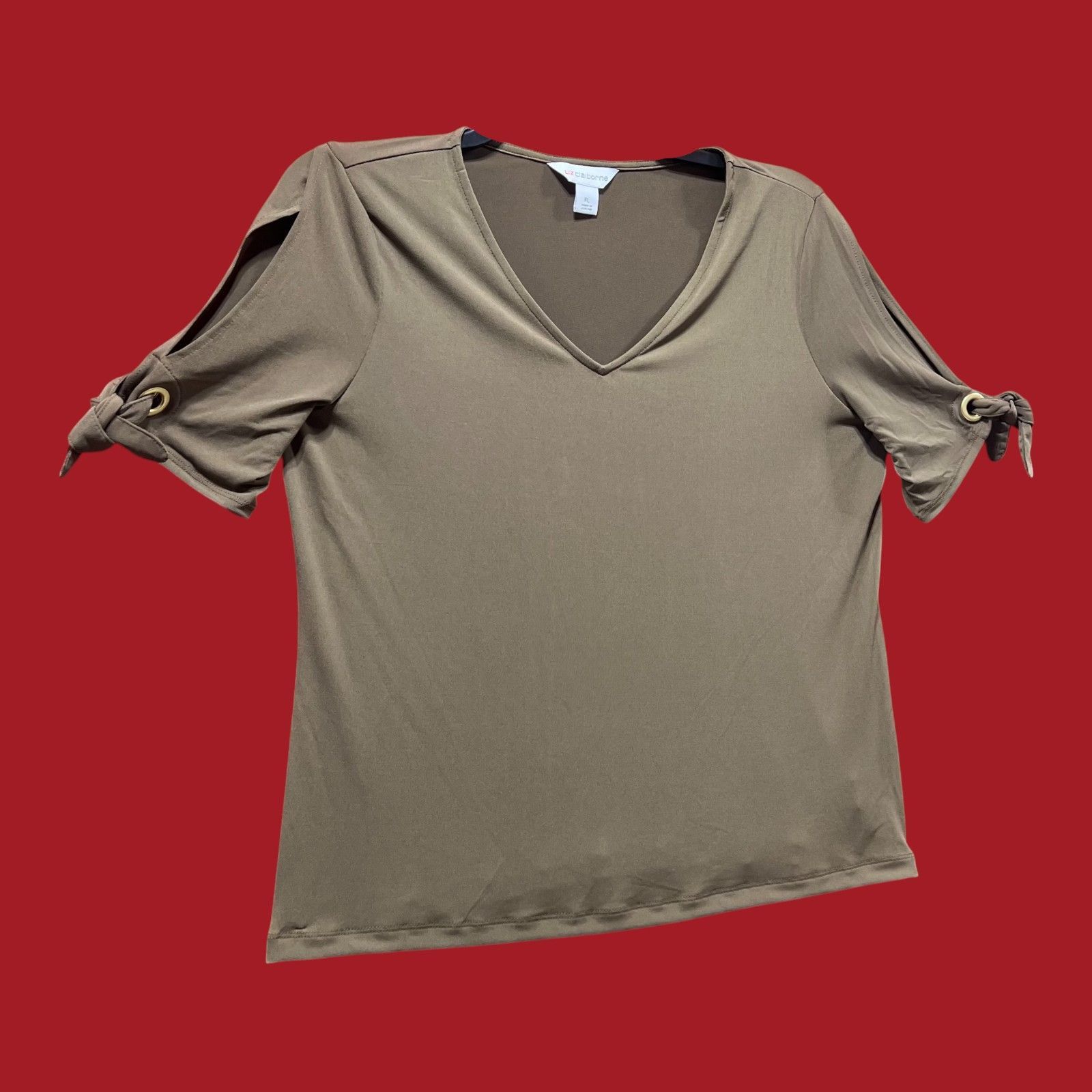 Other Liz Claiborne - Women's V-Neck Cold Shoulder Blouse - Olive Size L / US 10 / IT 46 - 11 Thumbnail
