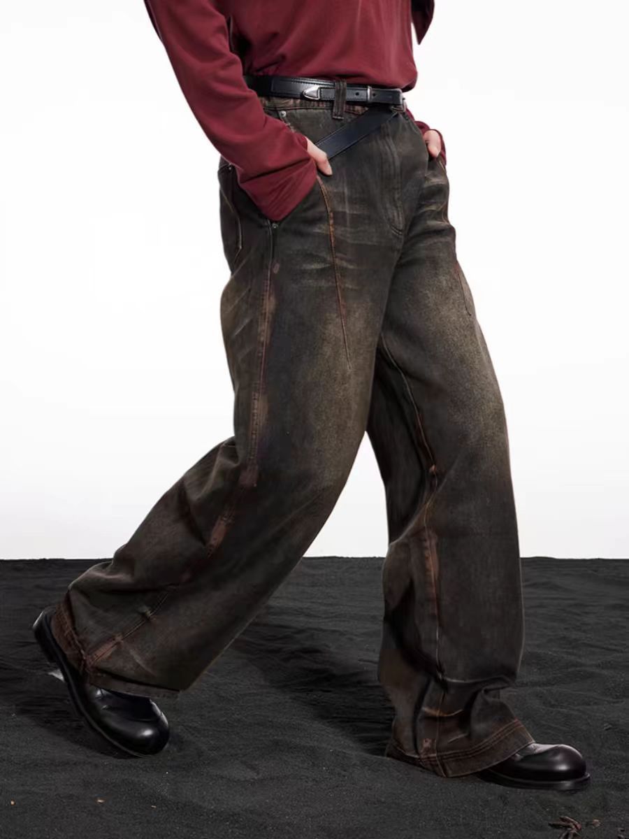 Streetwear heavy washed distressed rust baggy jeans