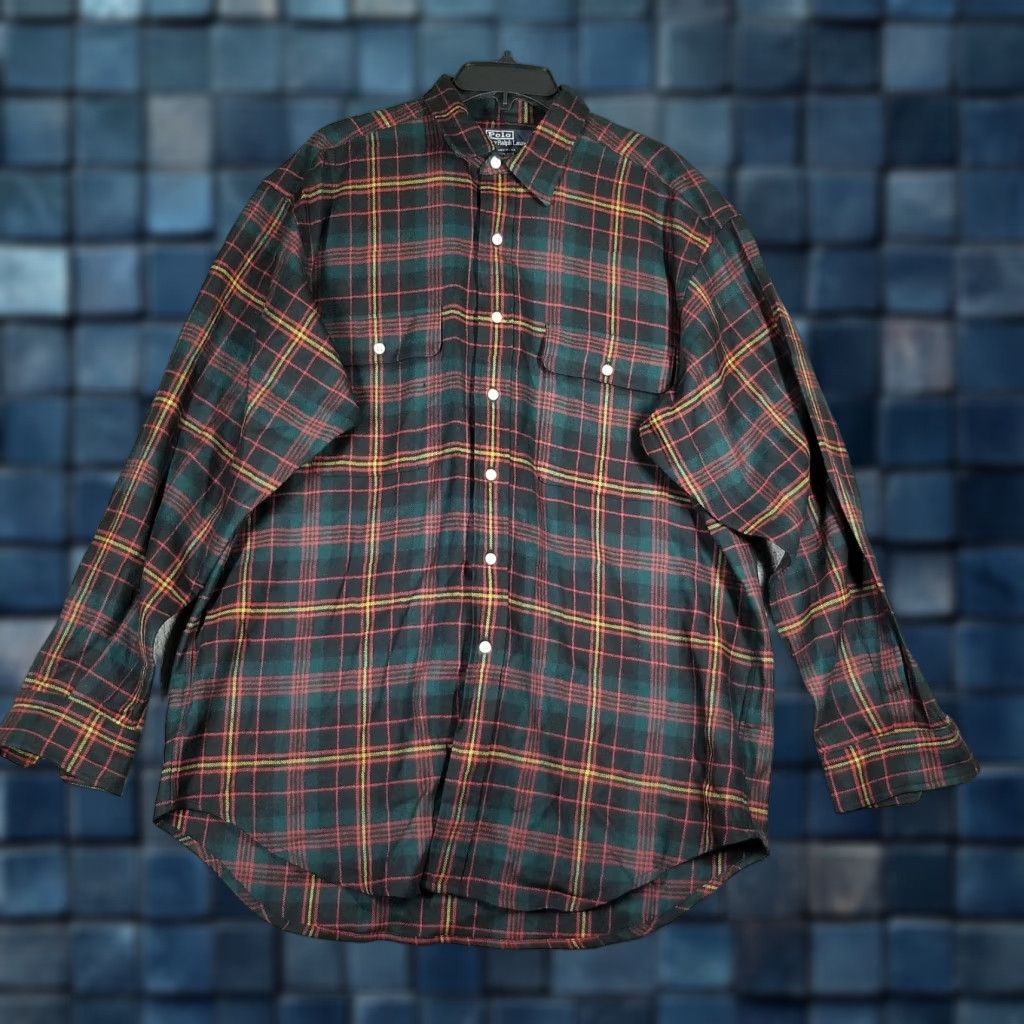 Polo Ralph Lauren VINTAGE Polo Ralph Lauren Flannel Shirt Mens Large Green Red Plaid Wool 90s Size US L / EU 52-54 / 3 - 1 Thumbnail