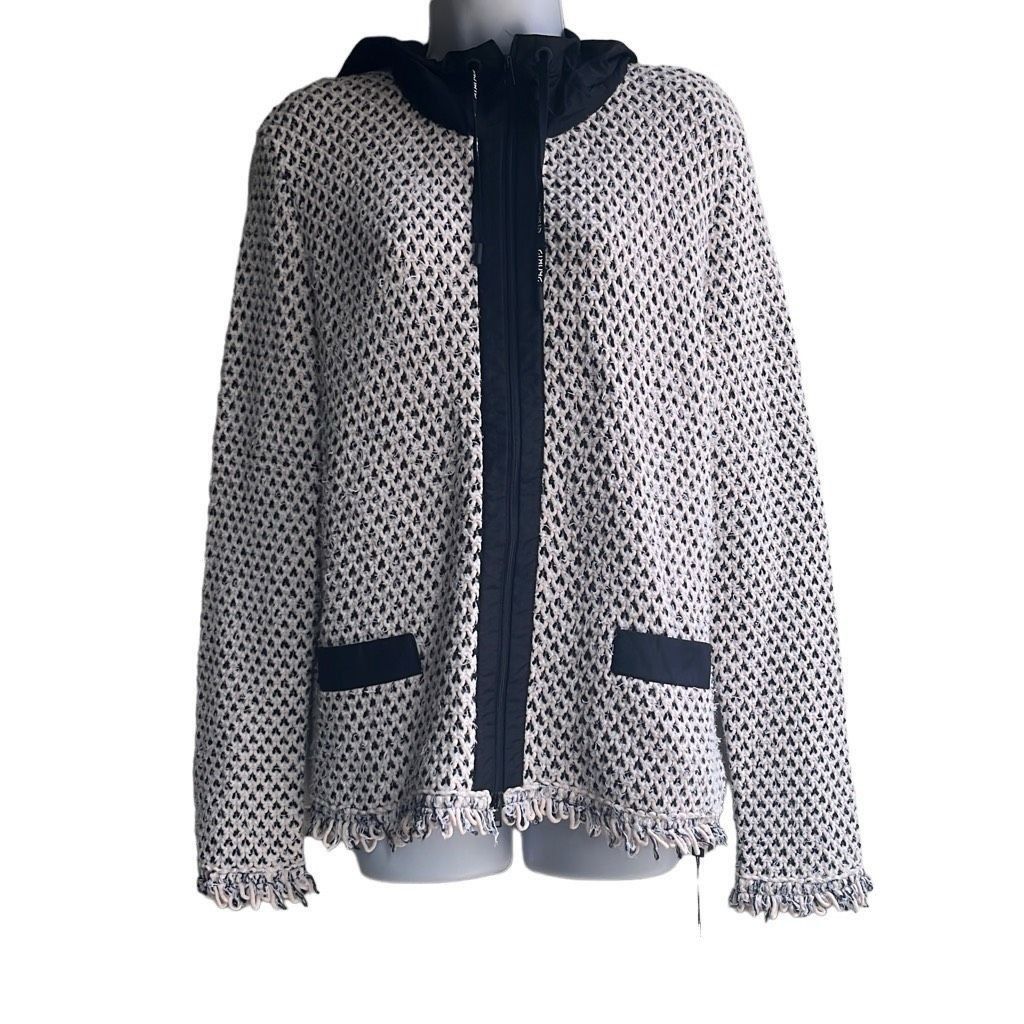 image of Marc Cain Womens 14 N6 Zip Hooded Cardigan Cream Black Wool Alpaca Blend $660 New (Size XL)