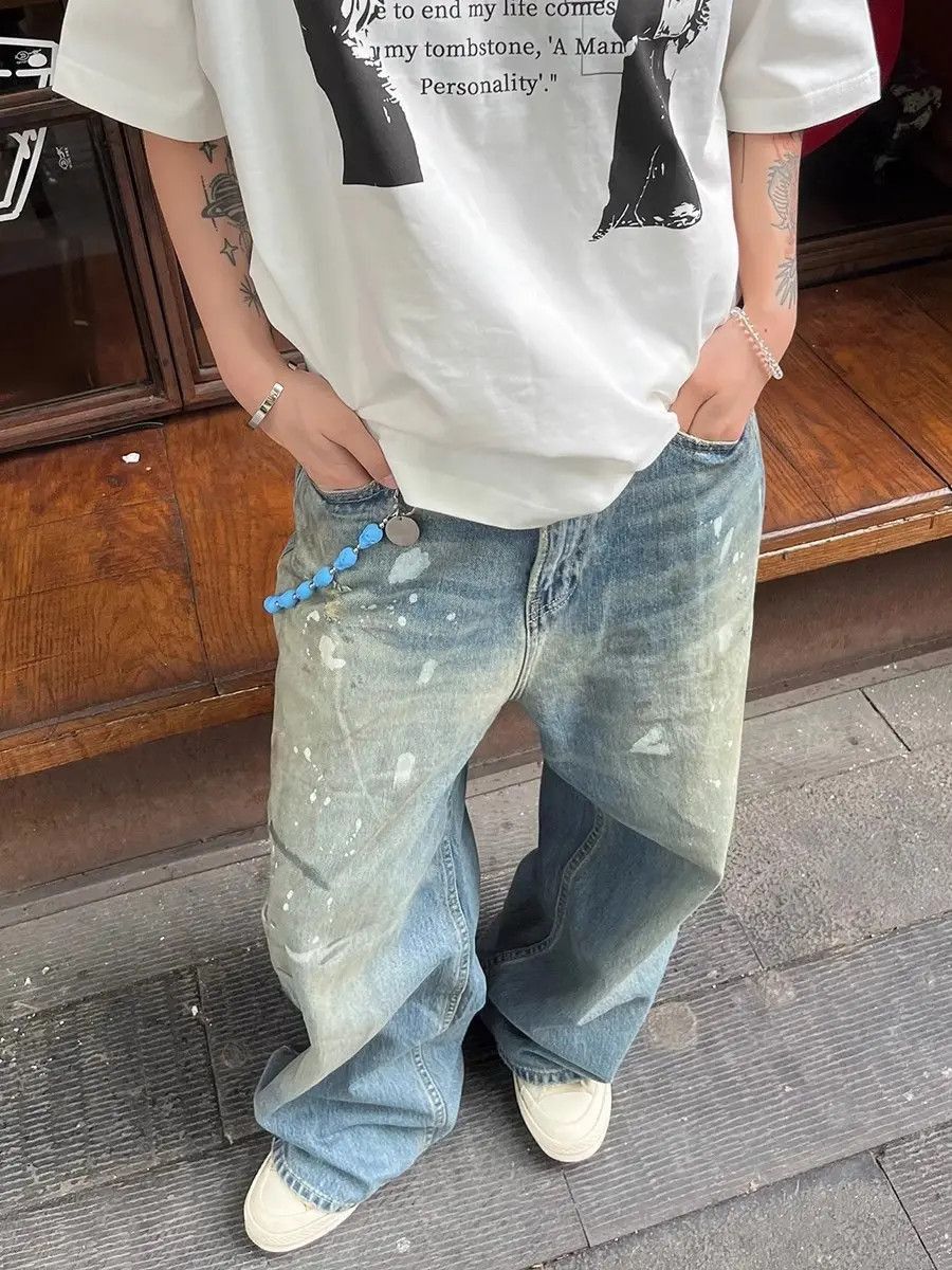 Japanese Brand Loose floor mopping ink splattered graffiti jeans Size US 32 / EU 48 - 4 Thumbnail