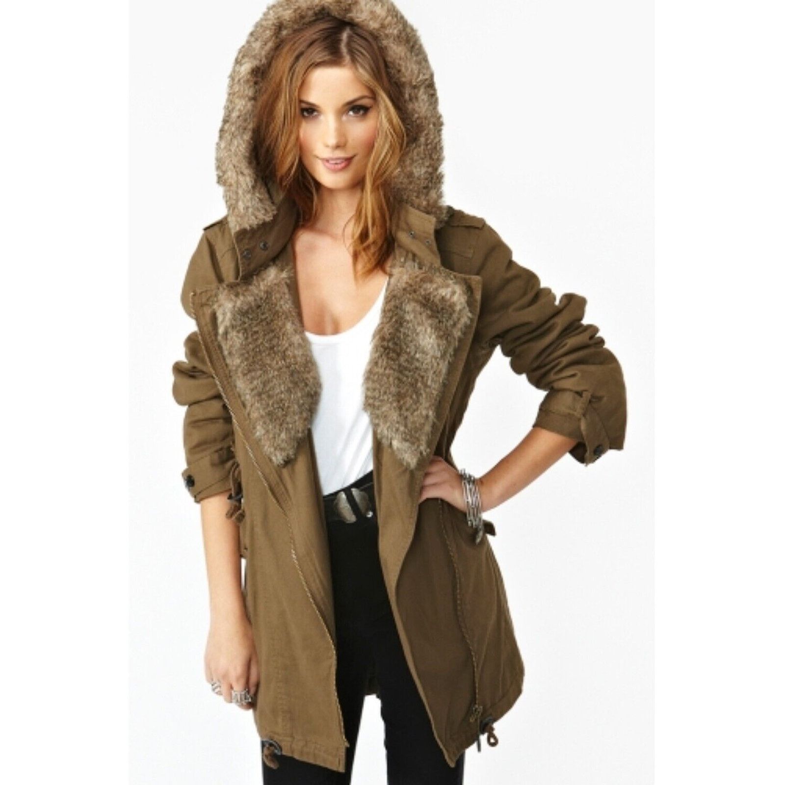 Nasty Gal Nasty Gal Army Green Anorak Jacket Faux Fur Collar & Hood S Size S / US 4 / IT 40 - 1 Thumbnail