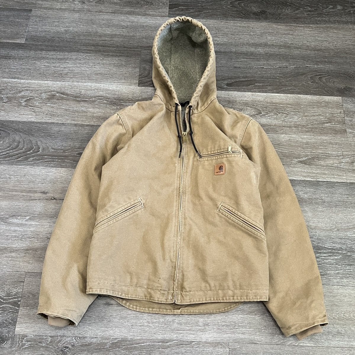 image of Essential Vintage 90D Carhartt Fleece Lined Hooded Detroit in Tan, Men's (Size Small)