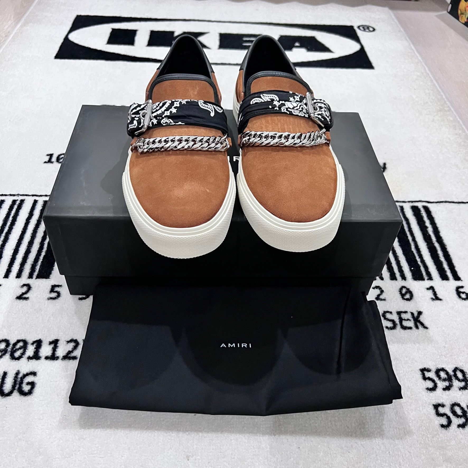 Amiri Bandana Buckle Chain Cognac Suede Leather Slip On