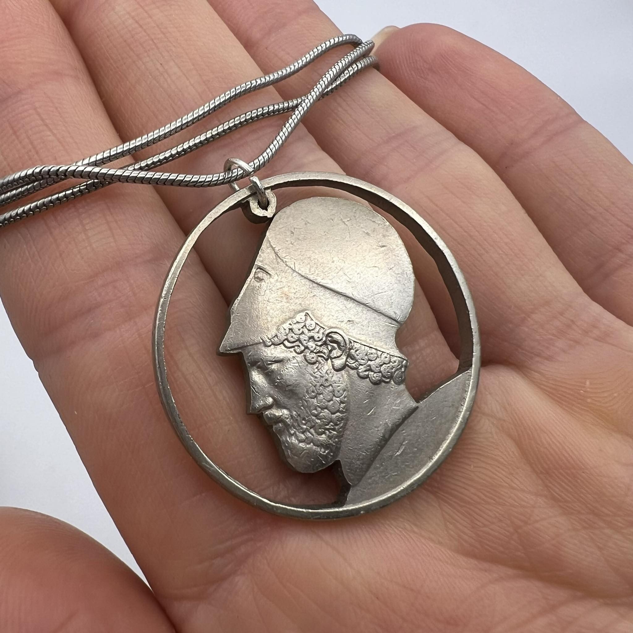 Sterling Silver 1980 Vintage Jewelry Silver 925 Necklace Greece Silver Coin Size ONE SIZE - 6 Thumbnail