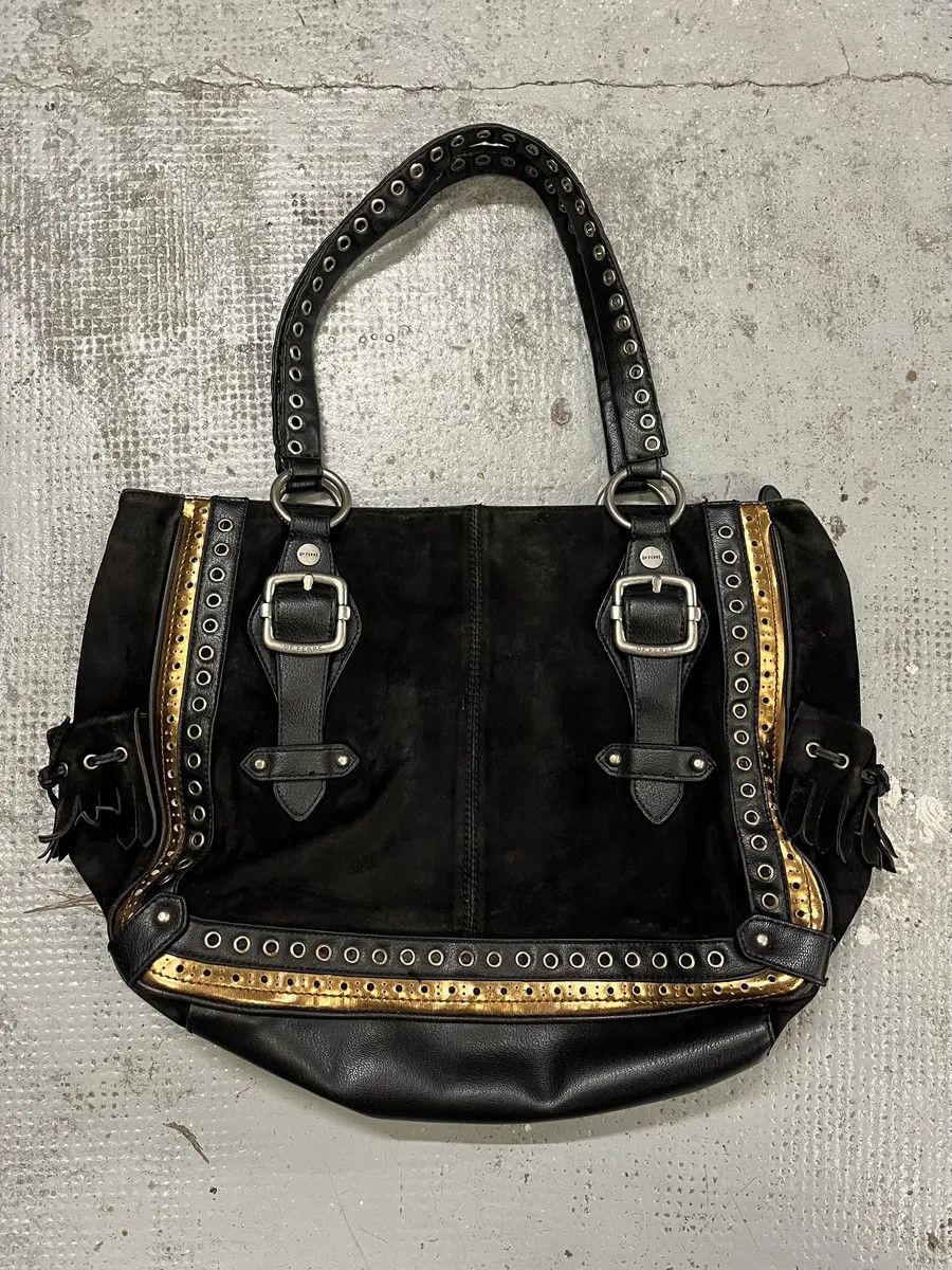 2000s Gianfranco Ferre Black Suede Leather Eyeled Handle Bag